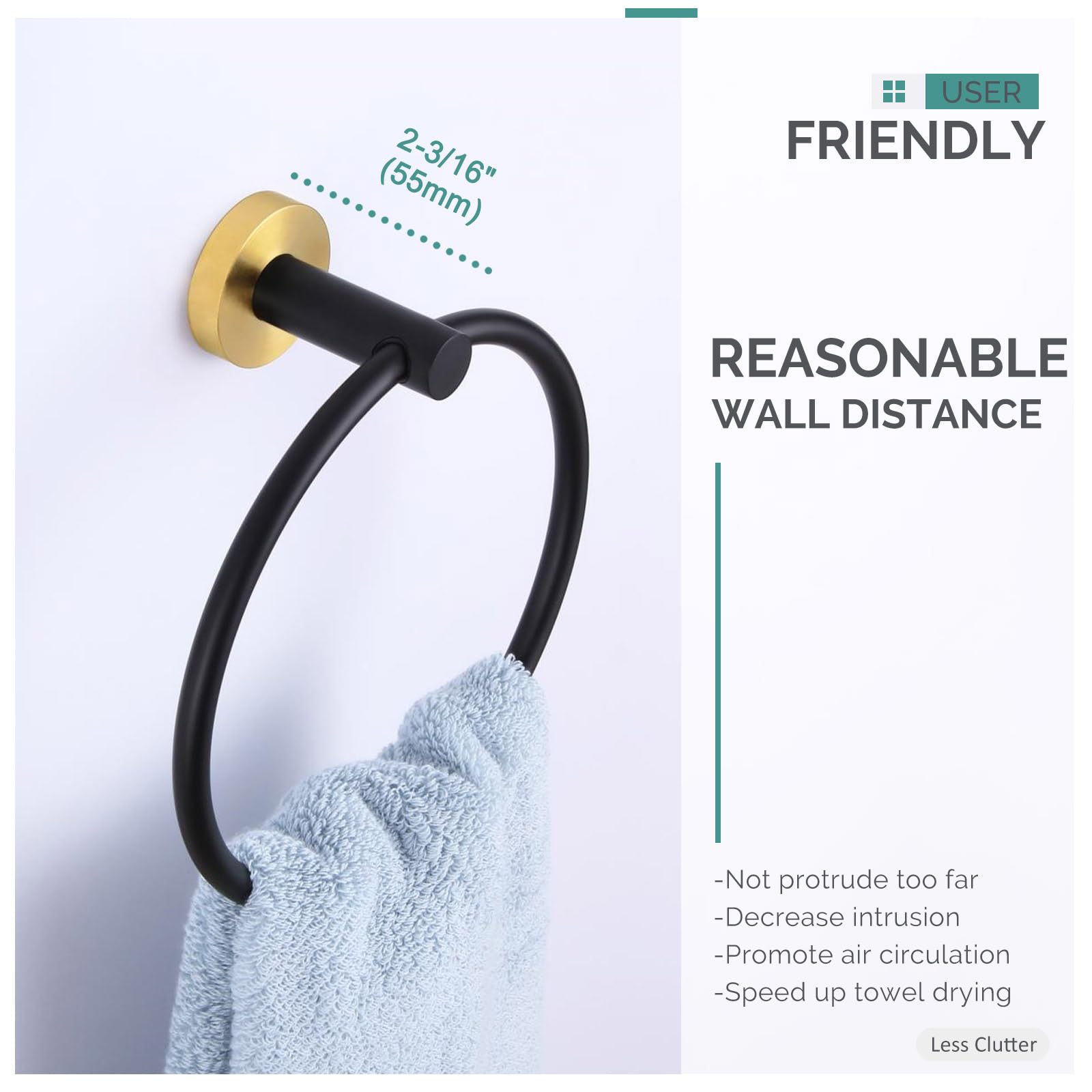 Round Single Towel Hook with Matching Towel Ring Set - Black & Gold Bathroom Accessories for Hanging Towels, Robes & Decor