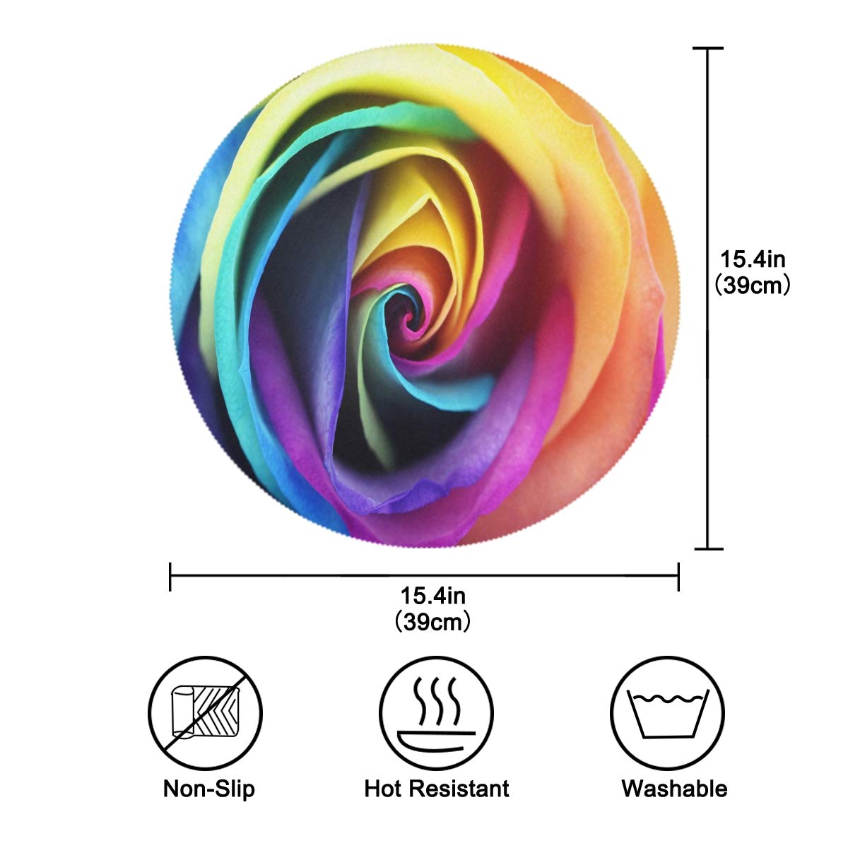 Blueangle Rainbow Rose Placemats - Set of 4 Round Non-Slip Table Mats for Dining, Heat Resistant & Decorative - Perfect for Kitchen, Restaurant, and Party Decor