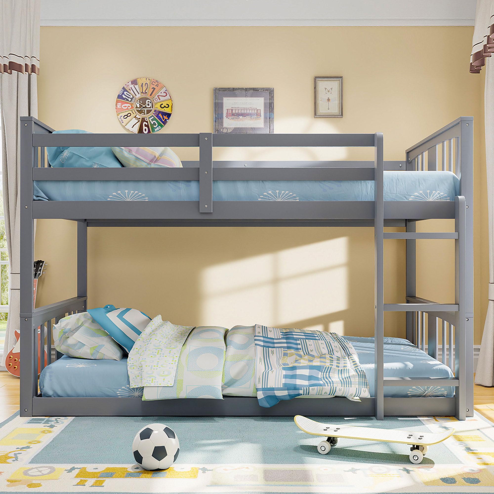 Twin Over Twin Floor Bunk Bed with Ladder - Sturdy Metal Frame Twin Size Bunk Bed for Kids & Teens - No Box Spring Needed - Perfect for Small Bedrooms, Dorms & Guest Rooms