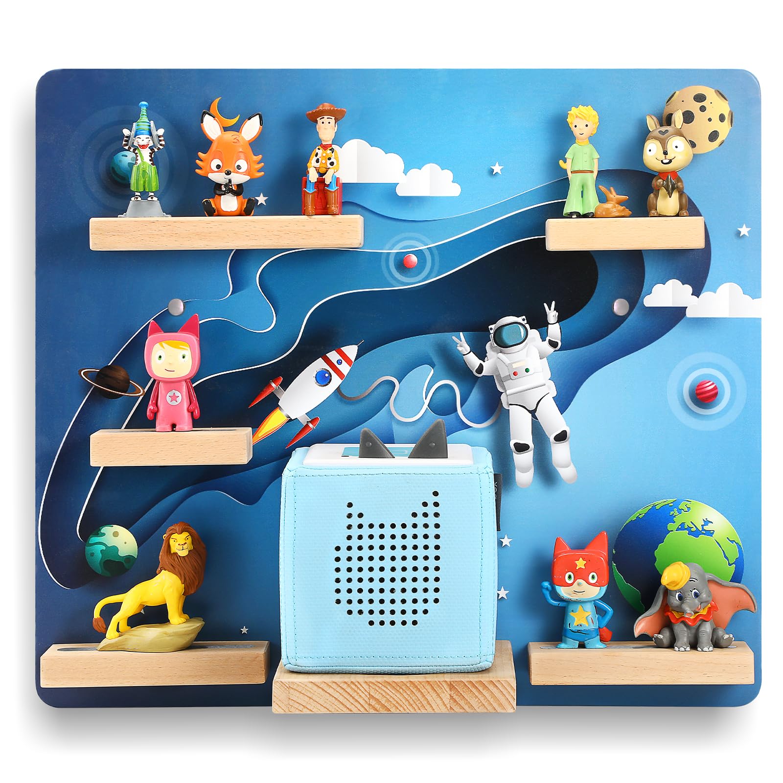 OUKNAK Floating Shelf for Toniebox - Wall Mount Magnetic Wooden Shelf with Carrying Case - Compatible with Tonie Audio Player & Figures - Perfect for Kids Room, Nursery Decor (Astronaut Theme) - Great for Organizing Toys & Displaying Collectibles