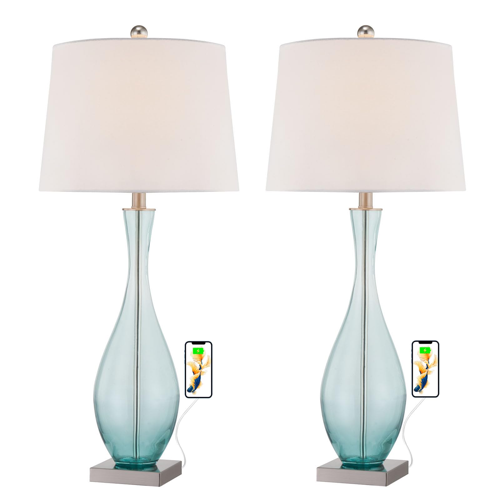 Maxax Traditional Table Lamps Set of 2 with 2A USB Ports, Glass Bedside Lamps with White Fabric Drum Shade - 31 Inches Tall Nightstand Lamps for Living Room, Bedroom, Office (Blue) - Perfect for Reading, Relaxing & Decorating