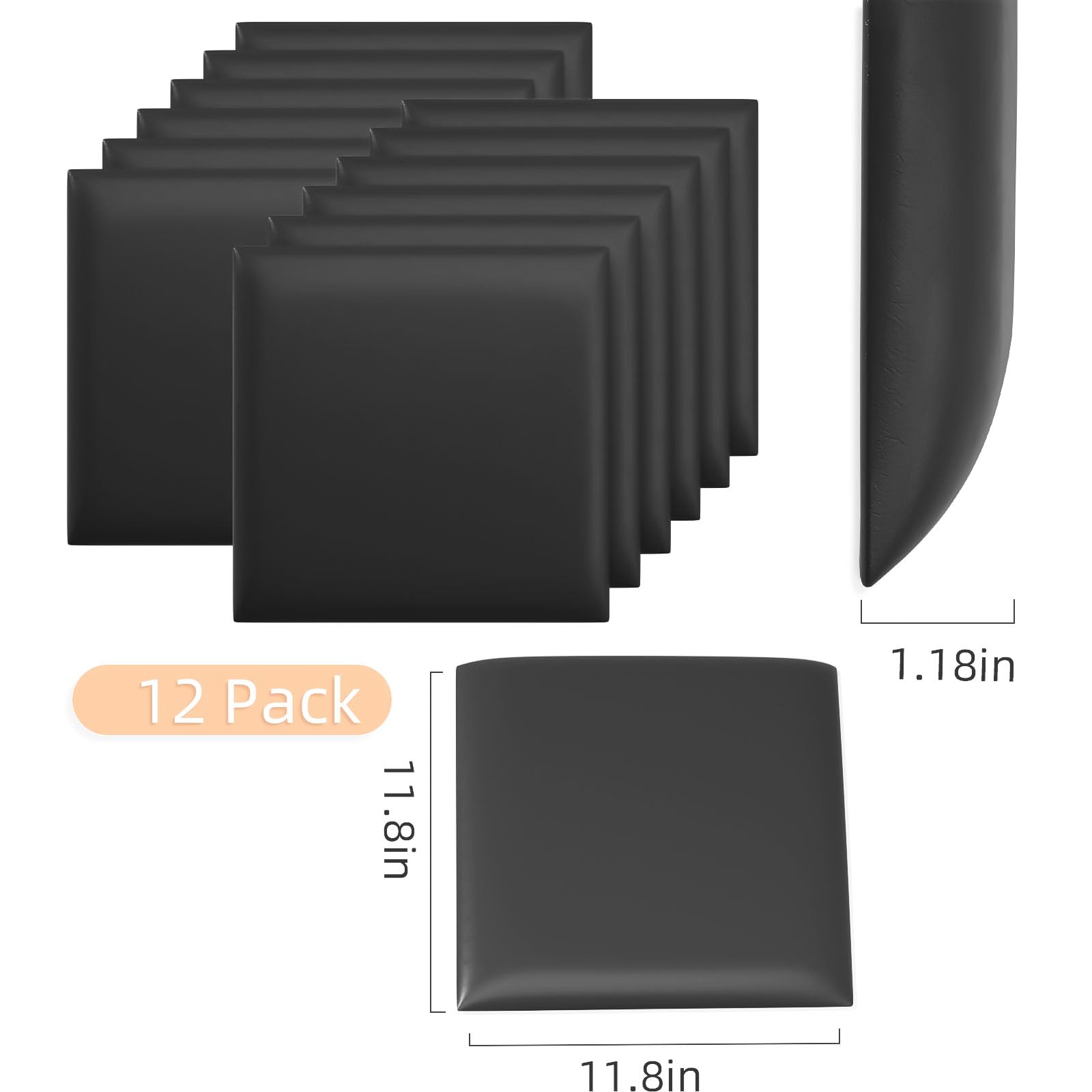 3D Anti-Collision Wall Padding for Kids - Black Peel and Stick Headboard Panels (12 Pack 11.8