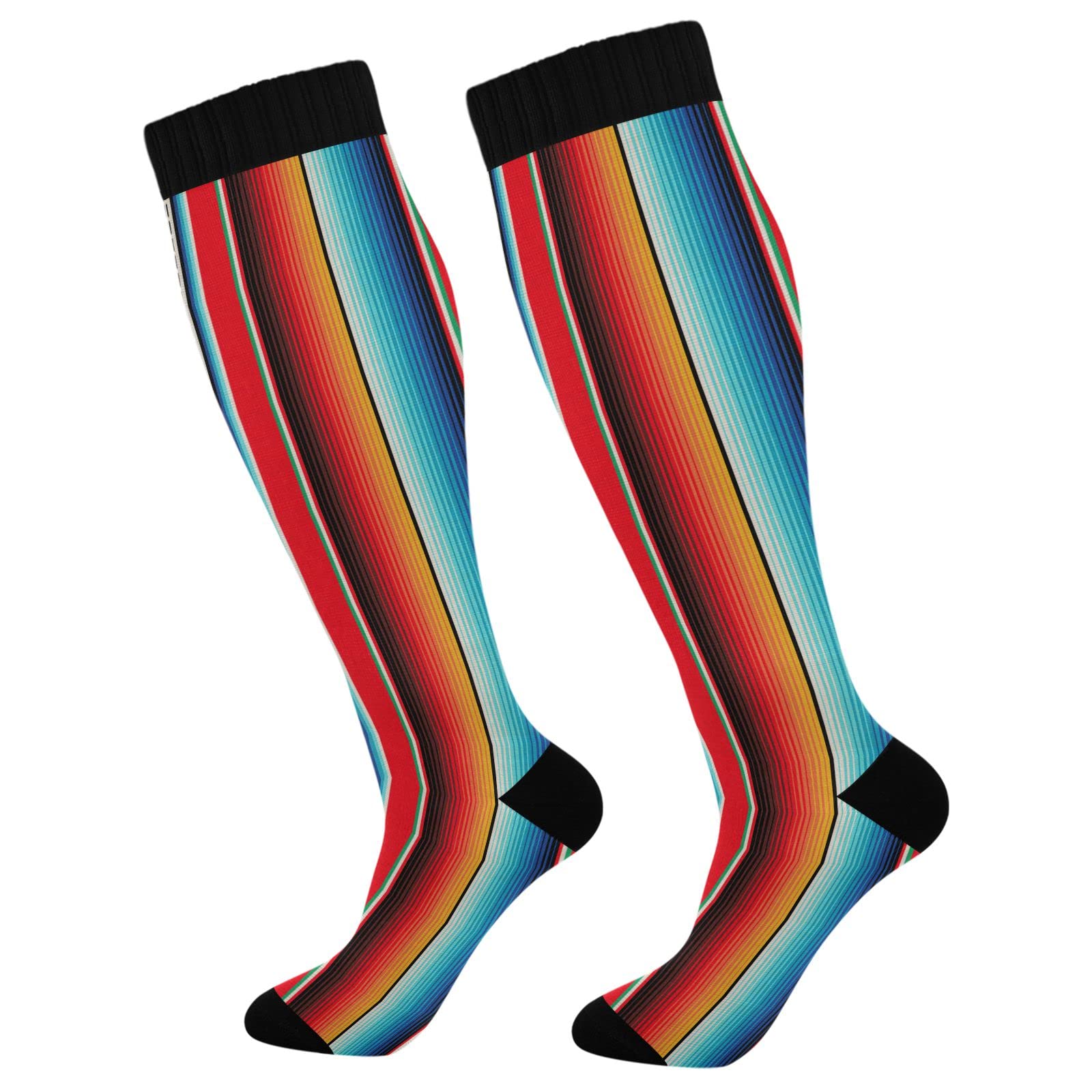 Kigai Mexican Blanket Stripes Compression Socks for Women & Men - Knee High Support Stockings for Running, Sports, Travel (2-Pair) - Perfect for Workouts, Hiking & Long Flights