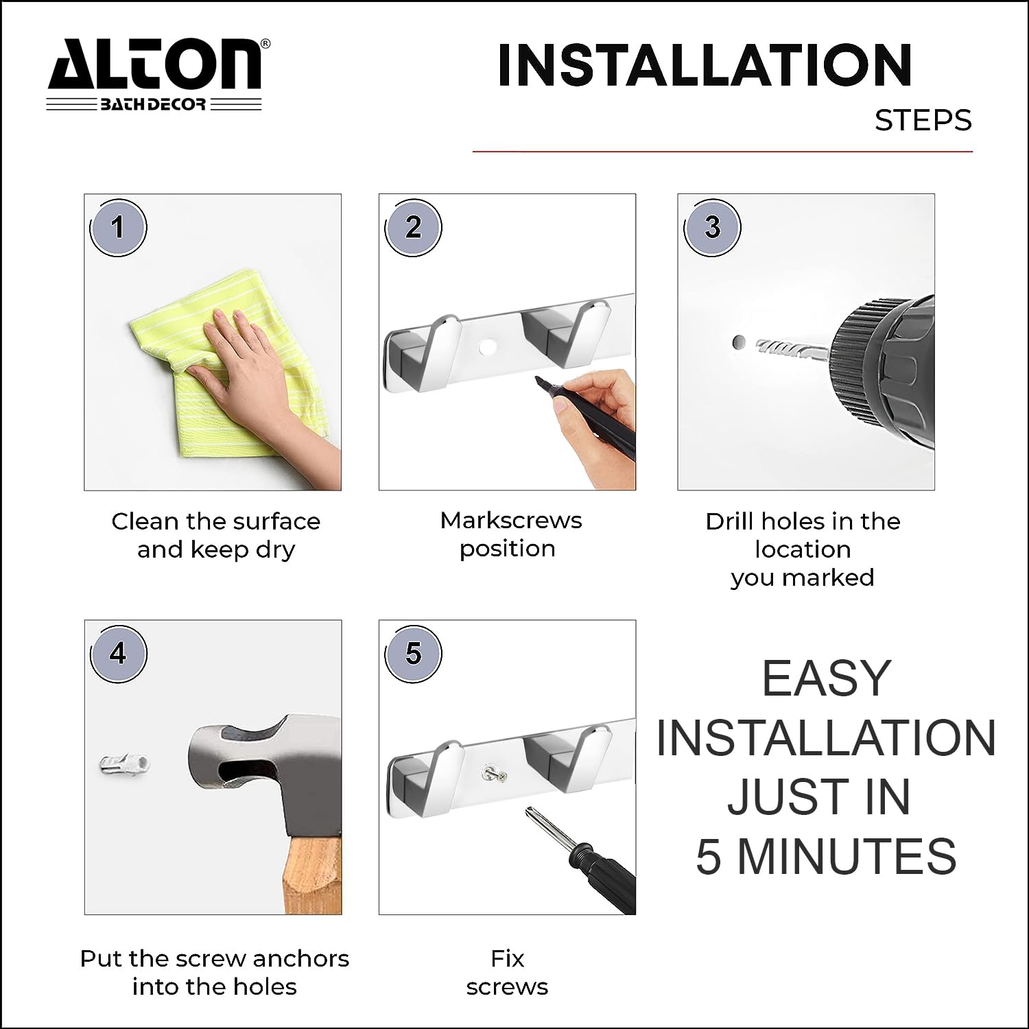 ALTON ALD970 Stainless Steel Wall Hooks - 6-Pin Hanging Hooks for Towels, Clothes & Accessories - Durable Door & Wall Mount Hooks for Bathroom, Kitchen, Bedroom - Silver (Pack of 2)