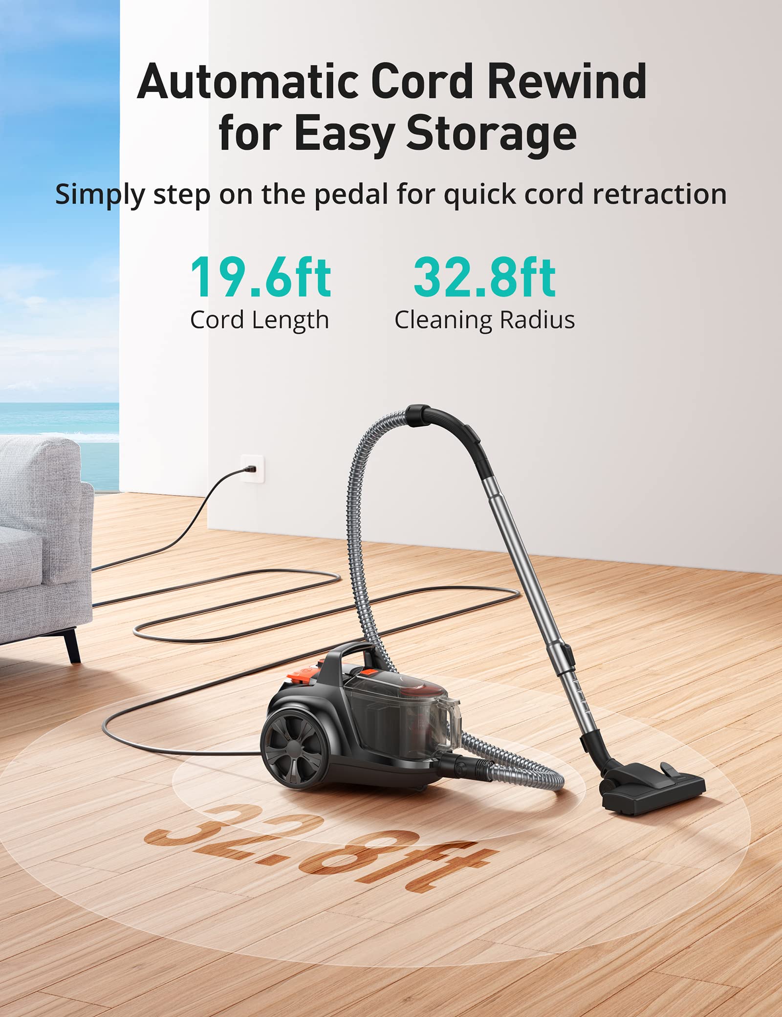 Powerful 24Kpa Aspiron Bagless Canister Vacuum Cleaner - 1200W Lightweight Design, 3.7QT Large Dust Cup, Double HEPA Filtration, Retractable Cord with 5 Attachments for Hard Floors & Carpets (Black) - Ideal for Home Cleaning, Pet Hair Removal & Allergy Relief