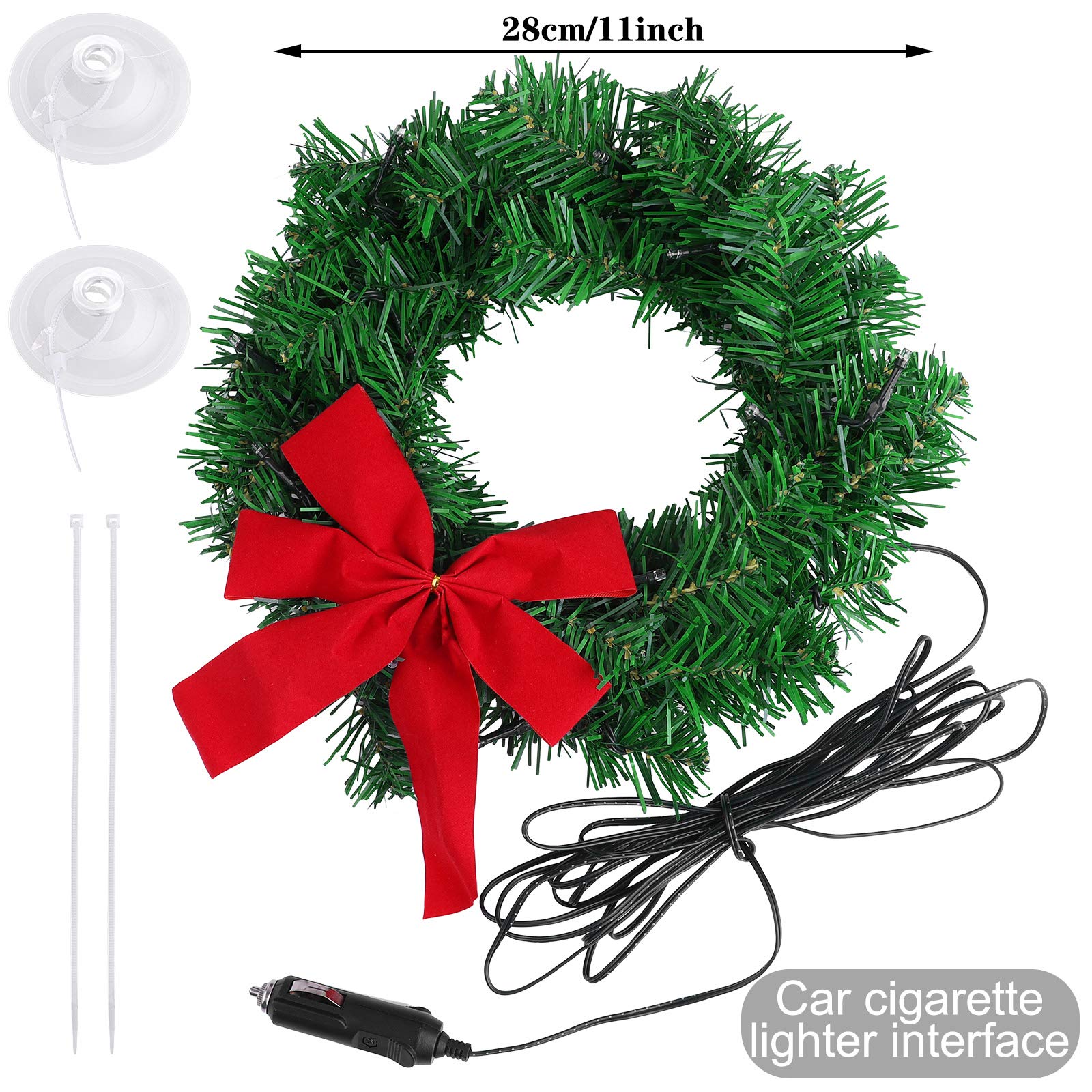 12V LED Christmas Car Wreath with Artificial Leaves - Automotive Cigarette Lighter Powered Holiday Truck Decor for Car Grille Mounting | Perfect for Holiday Road Trips, Christmas Parades & Festive Vehicle Decorations