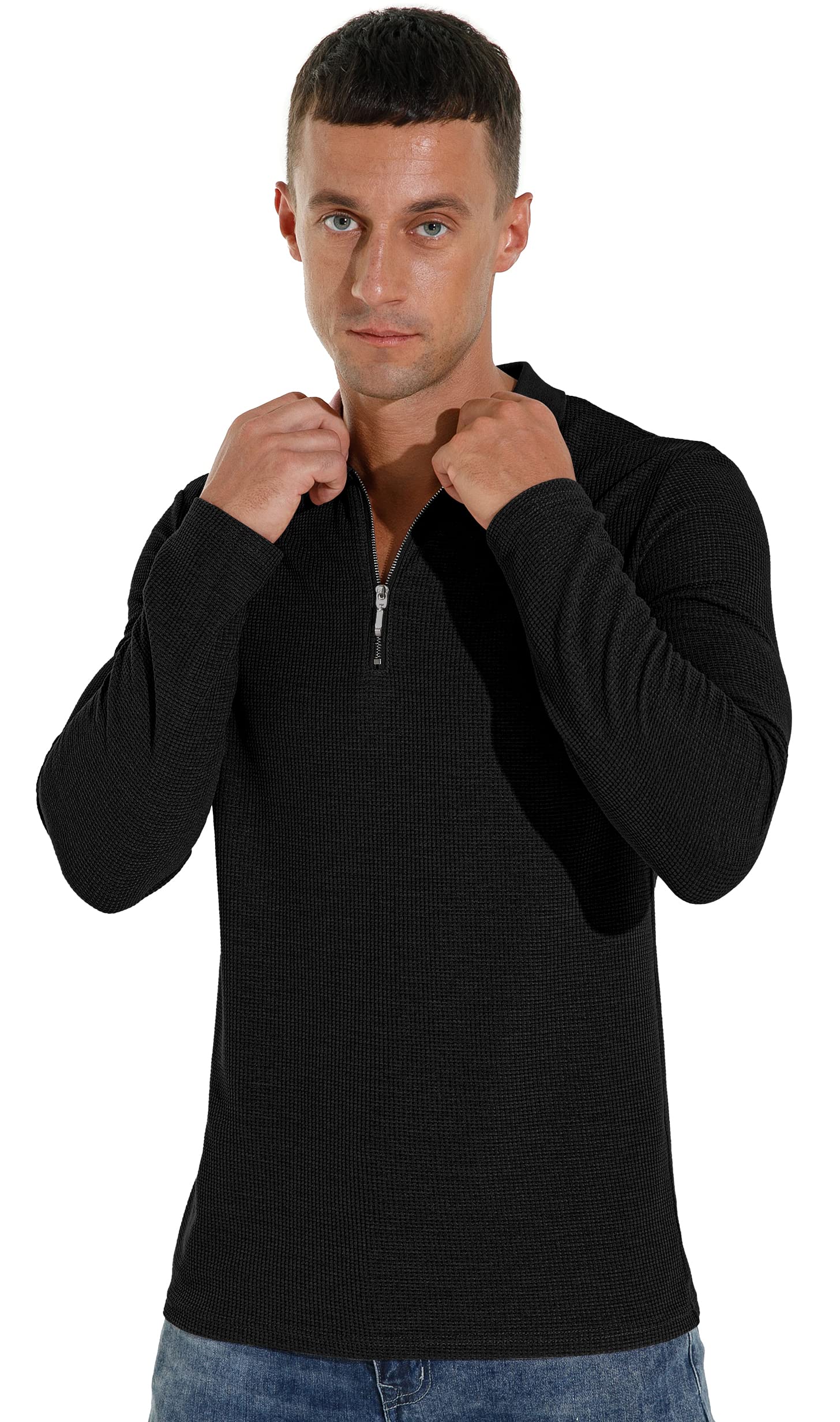 Sailwind Men's Waffle Knit Long Sleeve Quarter Zip Polo Shirt - Casual Pullover Top for Work, Golf & Outdoor Activities | Breathable Comfort Fit