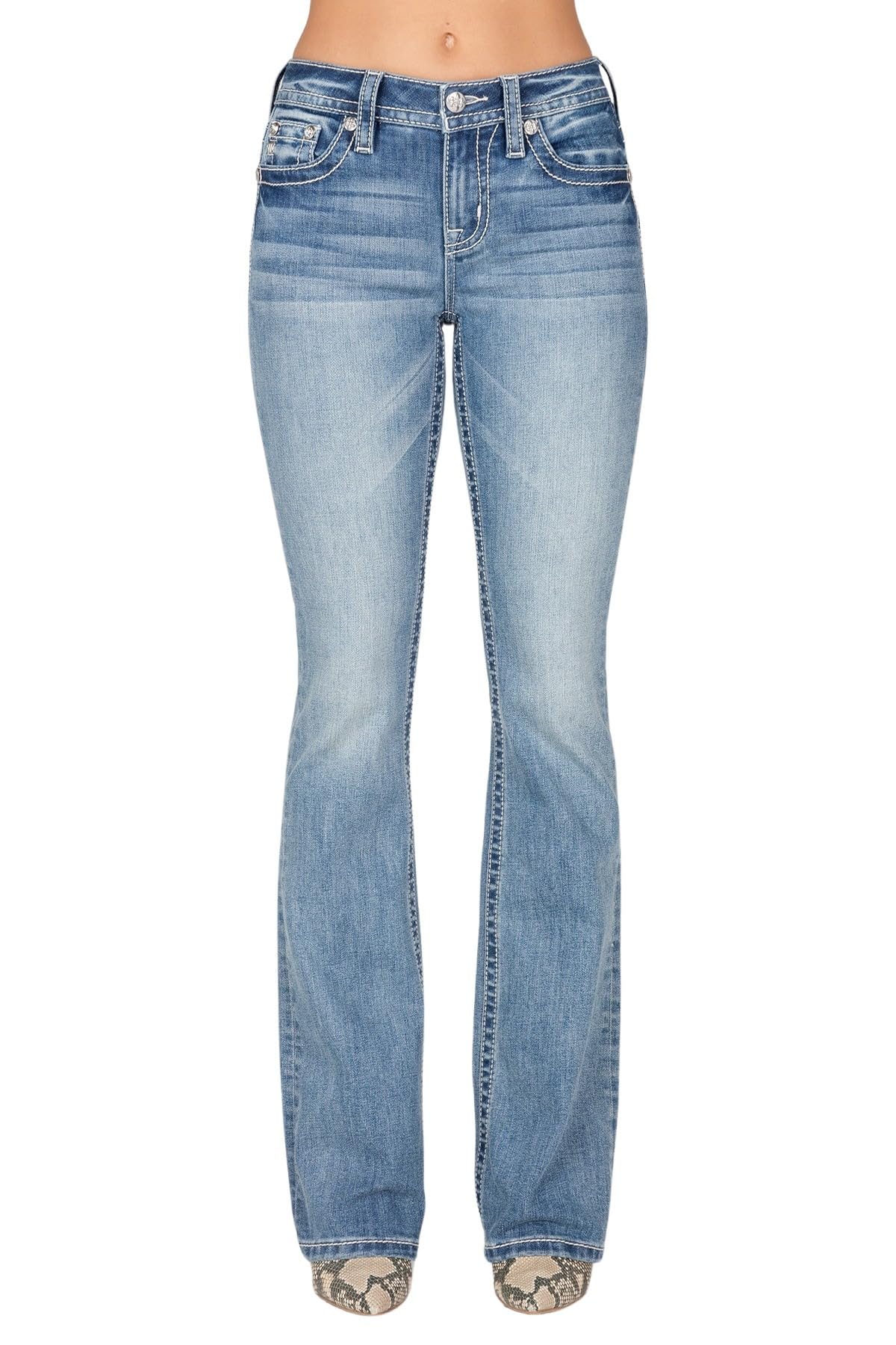 Miss Me Women's Mid-Rise Bootcut Jeans - Americana Zig Zag Design with Faux Flap Pockets, Stretch Denim for Comfort | Perfect for Casual Wear, Date Nights & Western Style Outfits
