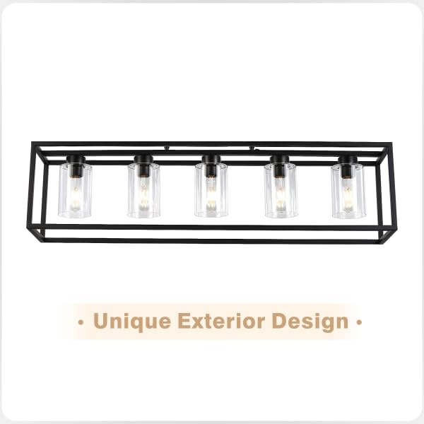 5-Light Black Kitchen Island Pendant Lighting with Clear Glass Shade - Modern Farmhouse Style Dining Room Chandelier - Perfect for Kitchen, Dining Room, Bar, Foyer and Entryway Lighting