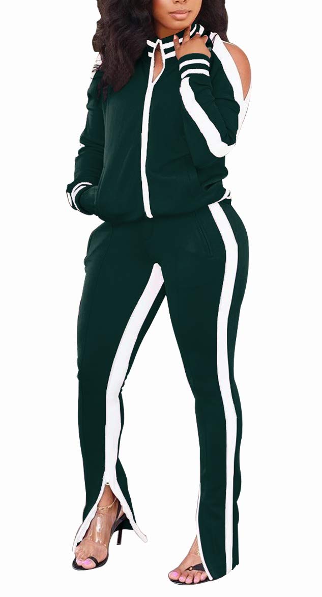 Lucuna Women's Jogging Suit Set - Cold Shoulder Zipper Jacket & Sweatpants 2-Piece Tracksuit | Comfortable Workout Outfit for Running, Yoga & Lounge Wear