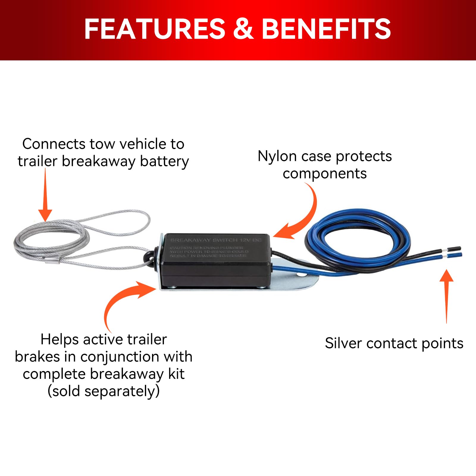 Trailer Breakaway Switch with 4FT Coiled Cable - Electric Brake Switch for RV Towing & Travel Trailers | Heavy-Duty Wire Rope Safety Device | Perfect for Emergency Braking During Towing & Camping Trips