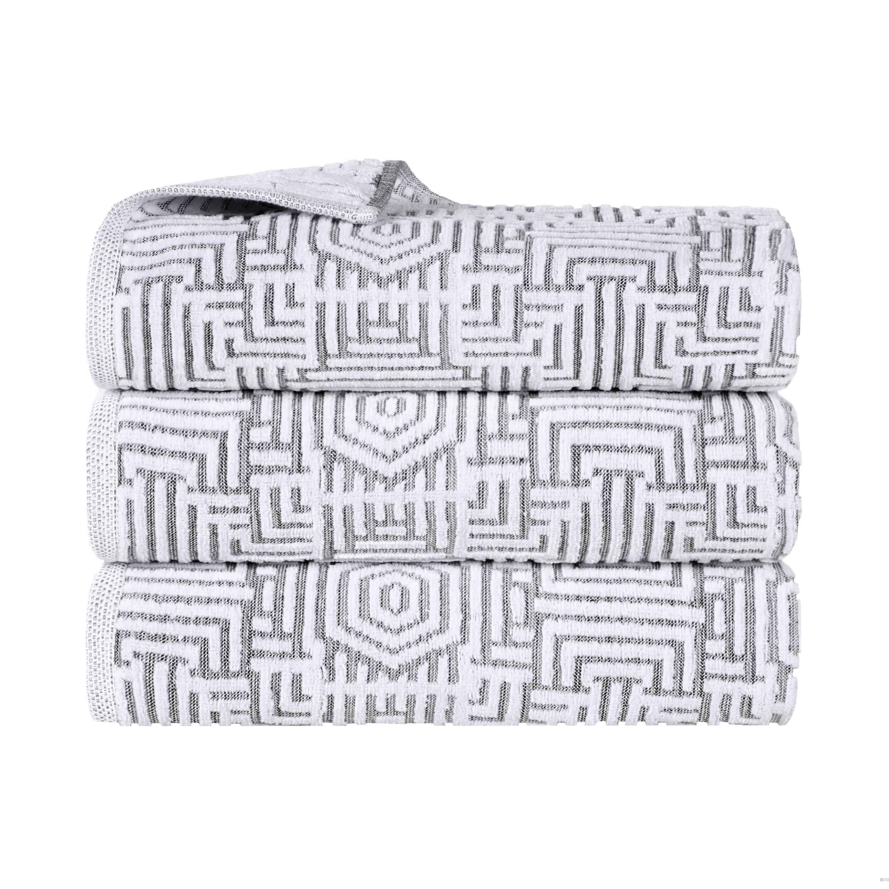 Premium Cotton Modern Geometric Jacquard Plush Bath Towel Set of 3 - Ultra Absorbent & Quick Dry - Luxury Spa, Bathroom & Beach Towels for Home & Travel