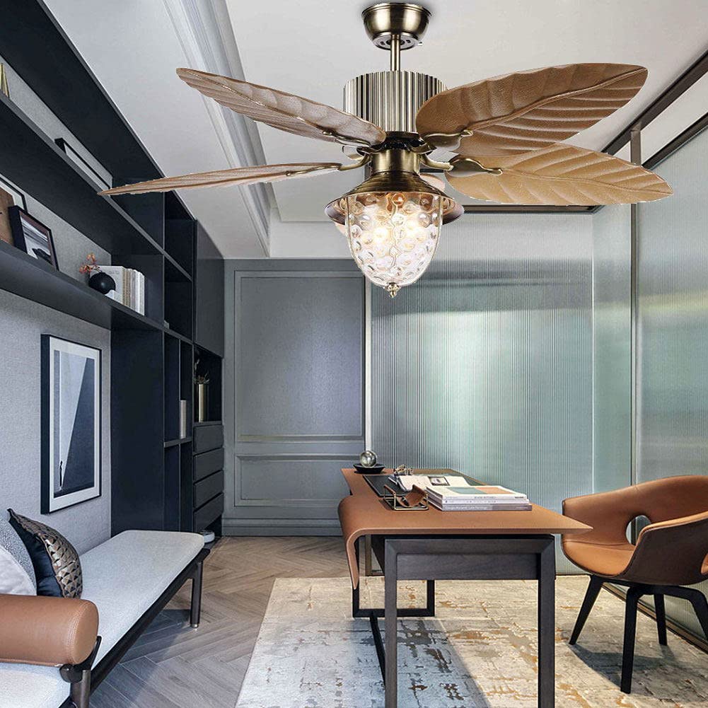 52 Inch Tropical Ceiling Fan with 5 Palm Leaf Blades - 3 Speed Reversible Remote Control, E27 Bulb Glass Light Cover - Indoor/Outdoor Use for Living Room, Bedroom, Patio - Brown
