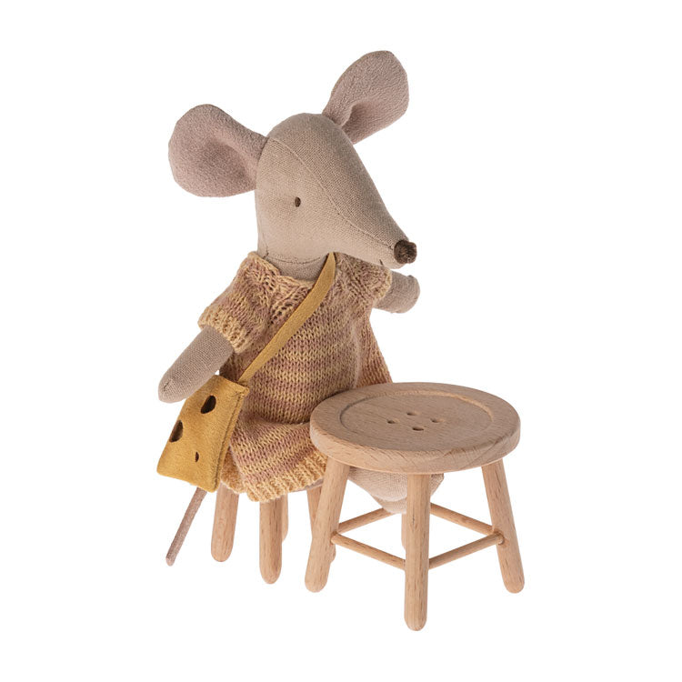 Maileg Wooden Table and Stool Set for Kids - Adorable Mouse-Themed Play Furniture for Pretend Tea Parties & Dollhouse Accessories