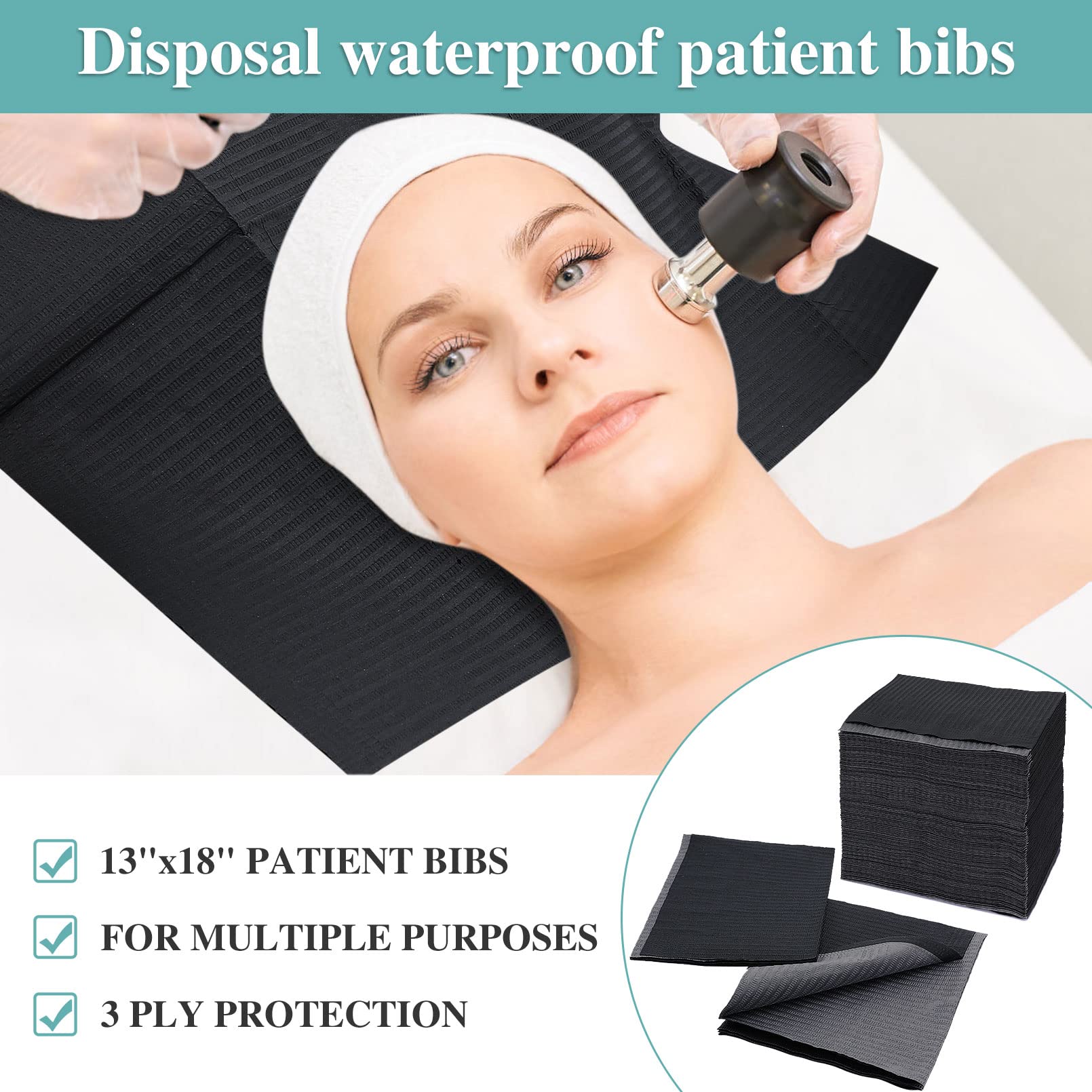 125 Pack Black Dental Bibs - 3 Ply Disposable Waterproof Dental Bibs Sheets (13