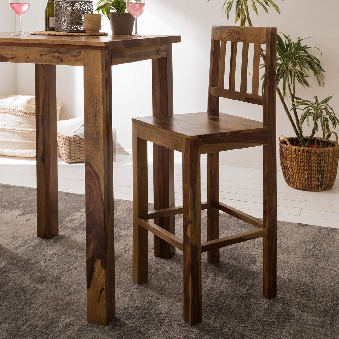 Gfine Solid Sheesham Wood Bar Table Set with 2 Chairs - 81x81x101cm - Modern Pub Height Counter Table for Kitchen, Dining Room & Outdoor Patio