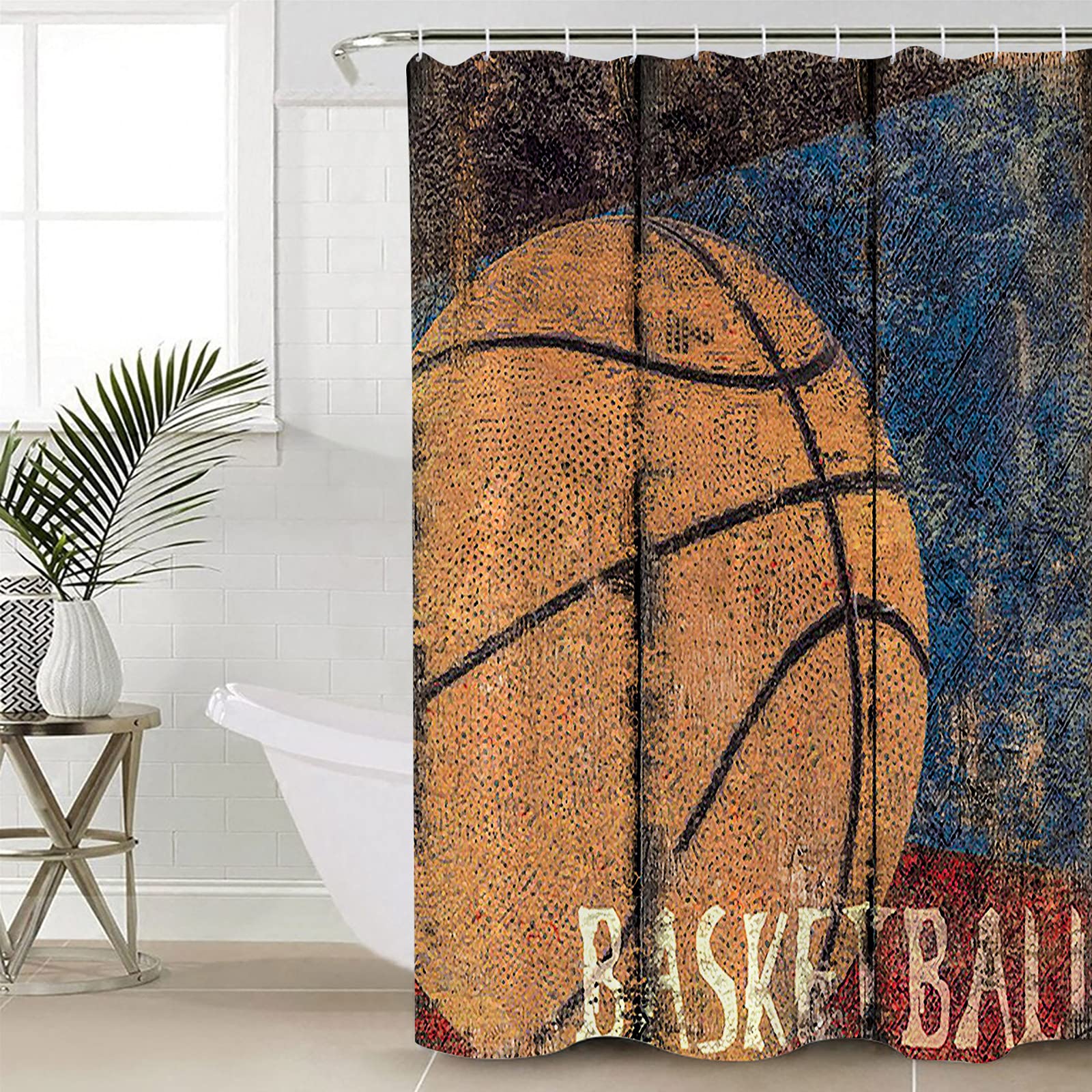 ARTSHOWING Waterproof Basketball Shower Curtain 72x78 Inch - Vintage Wooden Plank Design Bathroom Decor with Hooks Included | Machine Washable Bath Curtain for Sports Lovers & Game Room Theme