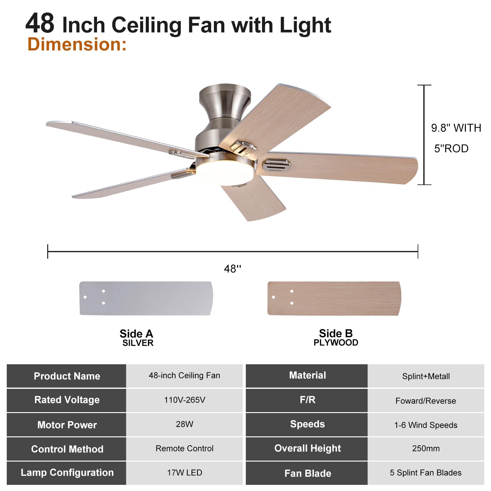 48 Inch Brushed Nickel Ceiling Fan with Light and Remote Control - Low Profile Flush Mount Modern Design, 5 Blades, Dimmable LED Light, 6-Speed DC Motor - Perfect for Bedroom, Living Room, Patio, and Indoor/Outdoor Use