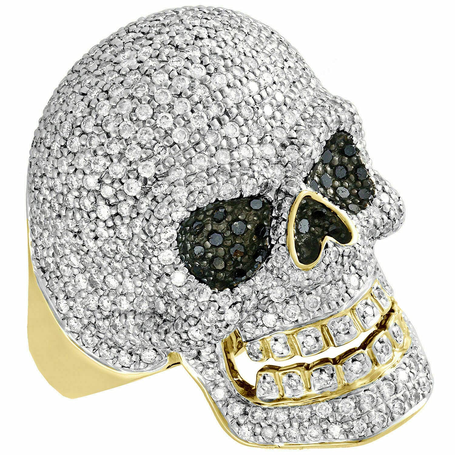 925 Sterling Silver 14K Yellow Gold Overlay Black & White Diamond Men's Skull Head Pinky Ring - Created Round Cut for Halloween, Gothic Jewelry, Punk Style Accessory, Perfect for Costume Parties, Gift for Men