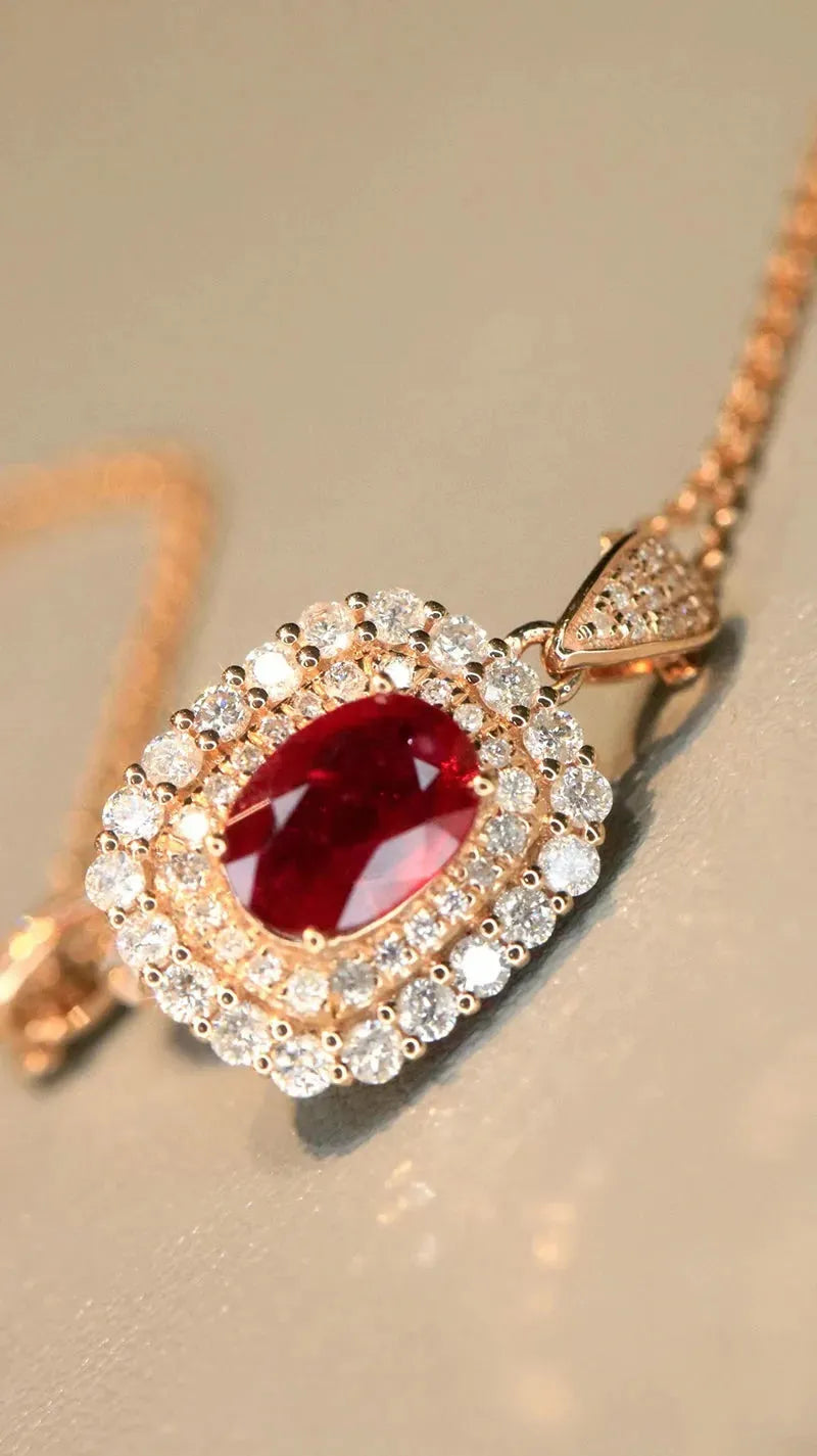 18K Rose Gold Necklace with Real Natural Ruby & Diamond - Elegant Shiny Women's Jewelry for Party, Wedding, Anniversary & Special Occasion Gifts