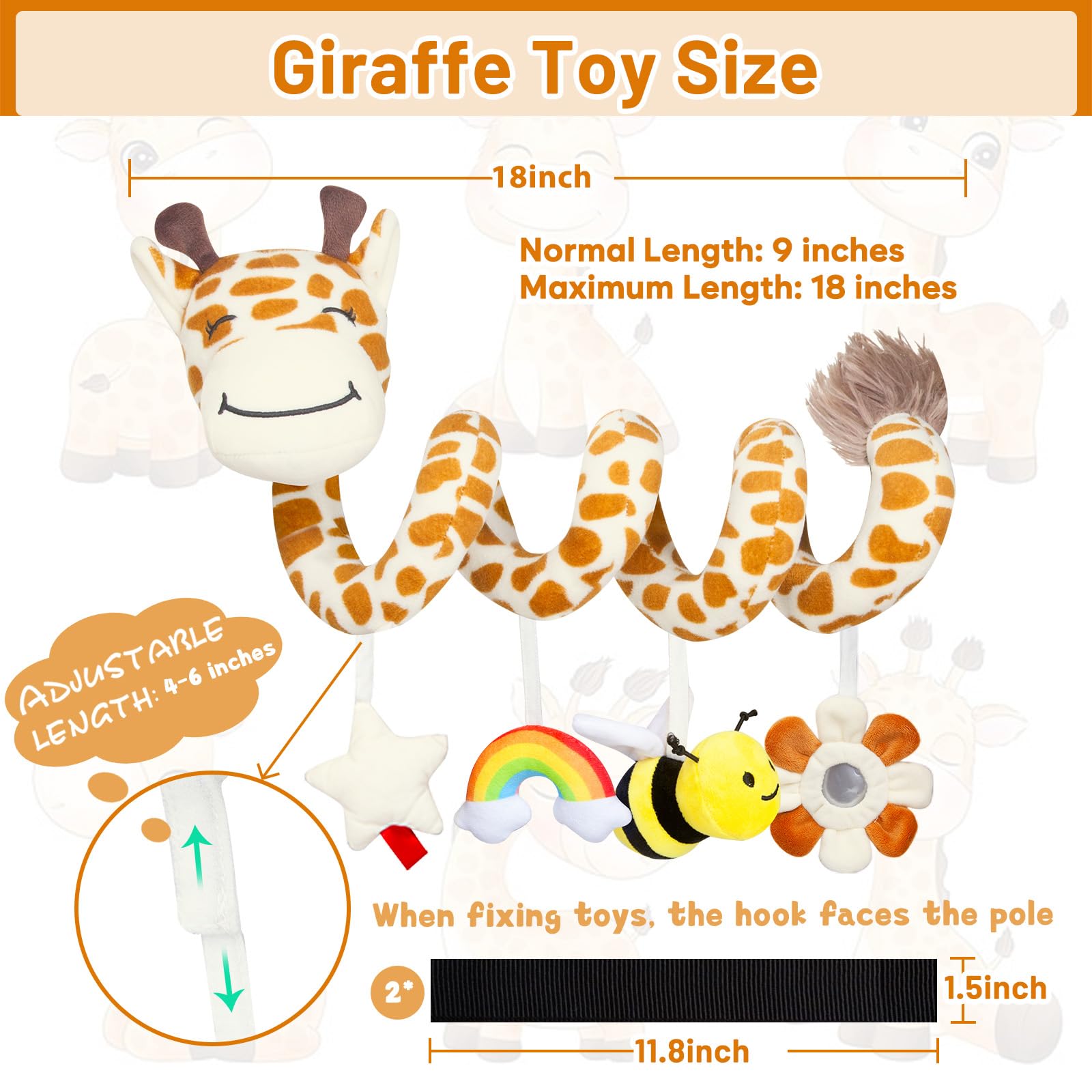Soft Spiral Stuffed Giraffe Car Seat Toy for Babies 0-6 Months - Hanging Stroller Activity Toy with Bee Rattle, Flower Mirror, Rainbow Cloud & Star Bibi - Perfect Baby Shower Gift for Newborns & Infant Car Seat Entertainment