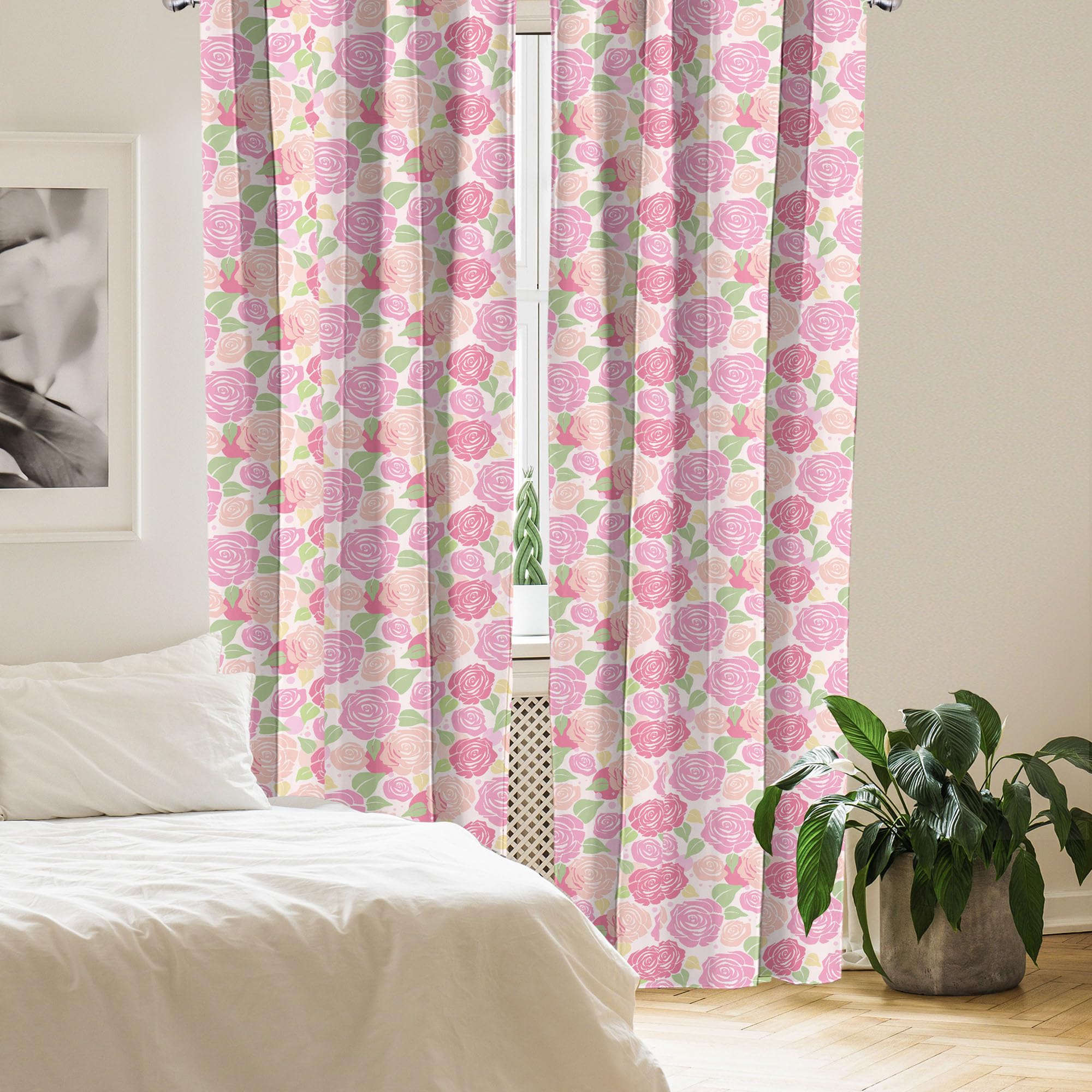 Ambesonne Rose Window Curtains - Romantic Floral Silhouette with Polka Dots Design, Lightweight 2-Panel Set with Rod Pocket (28