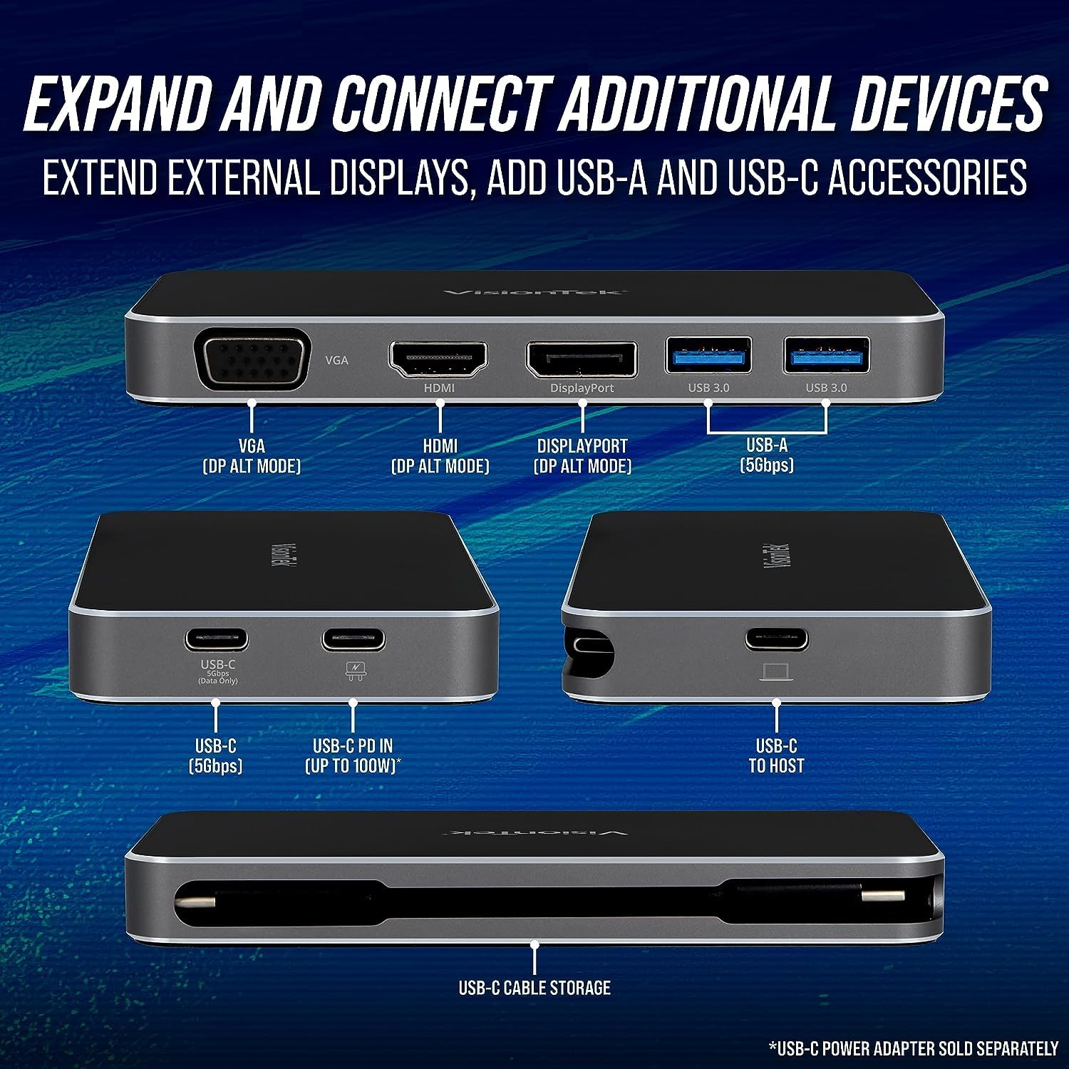 VisionTek VT210 Dual Monitor USB-C Docking Station with 100W Power Delivery - 4K HDMI, DisplayPort, VGA, 3 USB Ports for Windows, Mac, Chromebook & iPad - Perfect for Home Office & Remote Work Setup