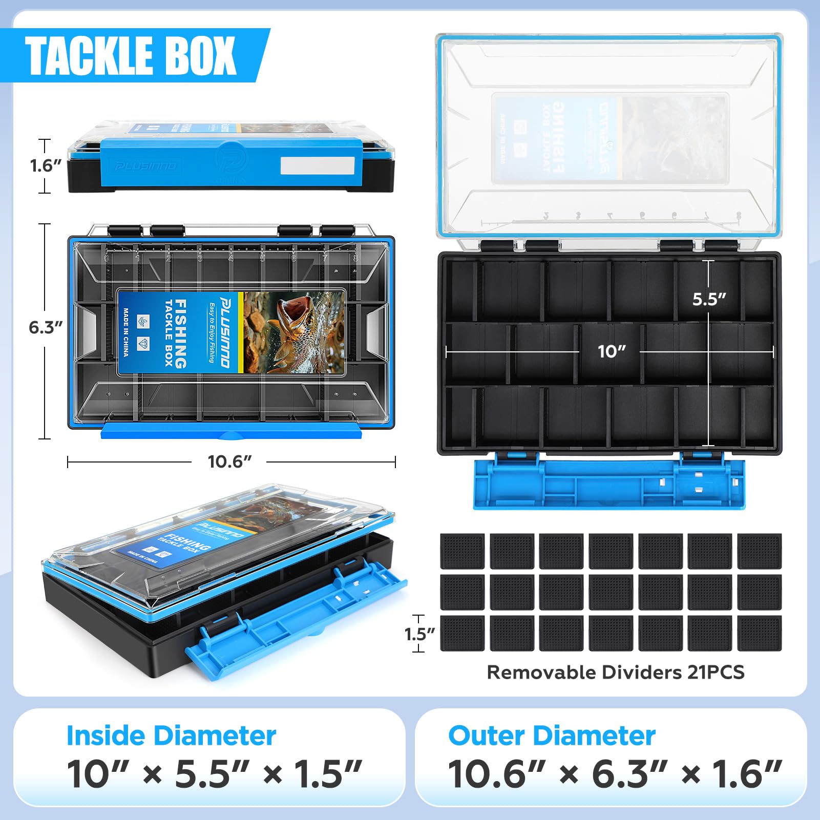 PLUSINNO Waterproof Fishing Tackle Box Organizer with Removable Dividers - 1 or 2 Pack Lure Storage Box for Terminal Tackle & Fishing Gear - Perfect for Freshwater, Saltwater & Boat Fishing Trips
