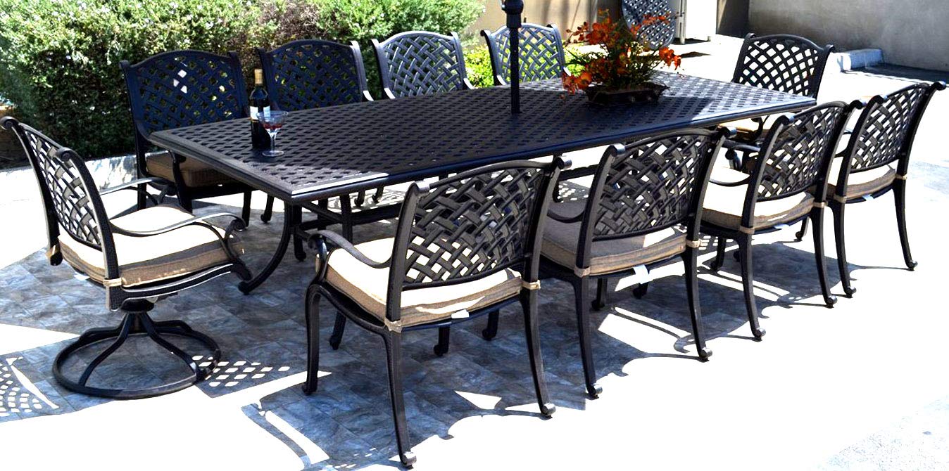 Cast Aluminum Patio Dining Set Nassau 11-Piece Outdoor Furniture with 46x120 Inch Rectangle Table - Perfect for Backyard BBQs, Poolside Gatherings & Garden Parties