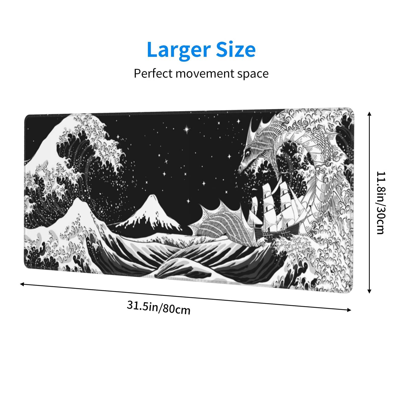 Japanese Waves & Sea Dragon Gaming Mouse Pad - Black & White XL Extended Large Mouse Mat (31.5