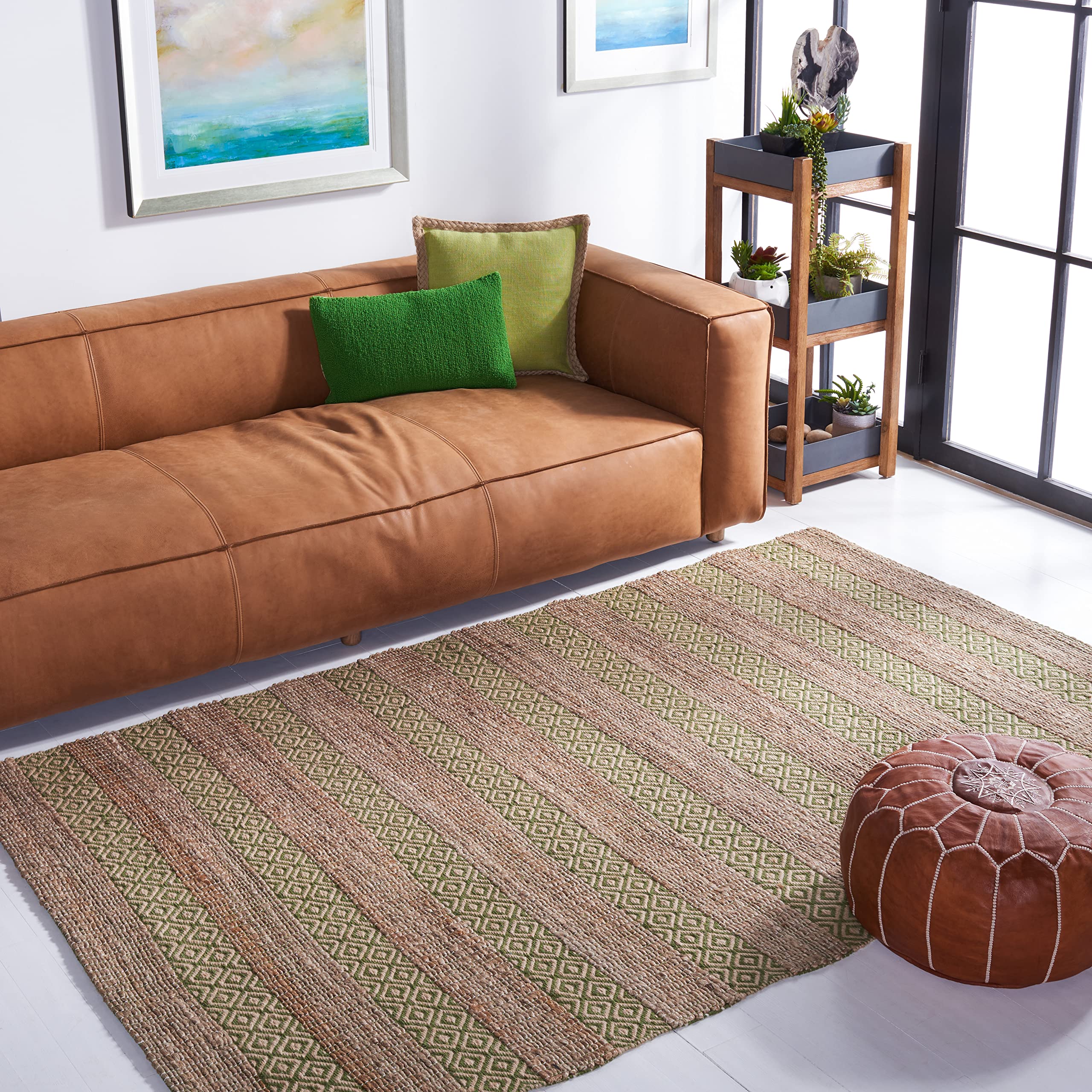 SAFAVIEH Natural Fiber Handmade Boho Farmhouse Rug - 6' x 9' Green & Natural Jute Cotton Area Rug for Living Room, Bedroom, Dining Room | High Traffic Durable | Rustic Chic Home Decor (NFB653Y)