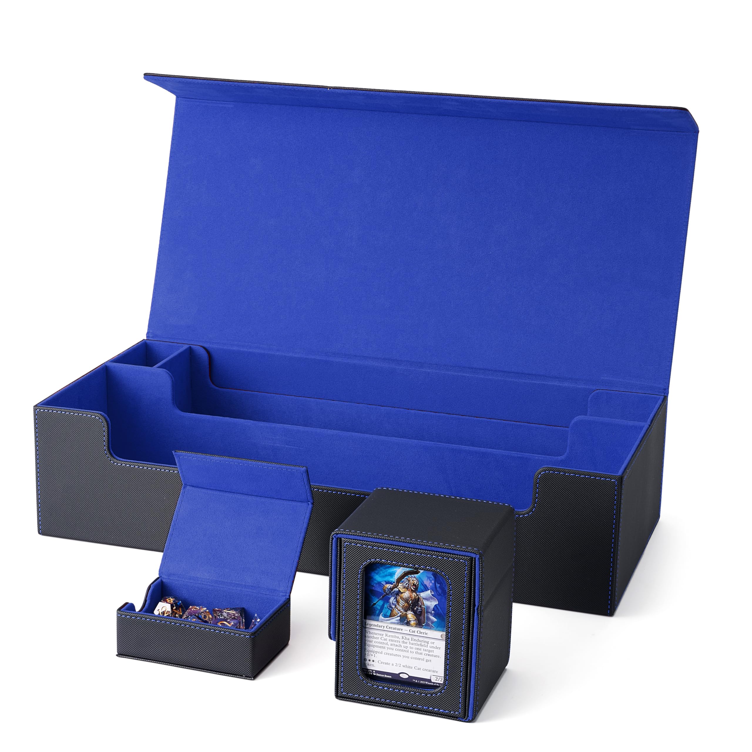 Premium Venssu MTG Deck Box - Holds 5 Display Card Decks with Playmat & Dice Storage | Includes 10 Colorful Dividers & Card Supporter | Magic The Gathering Card Organizer for Game Nights & Tournaments (Black & Blue)