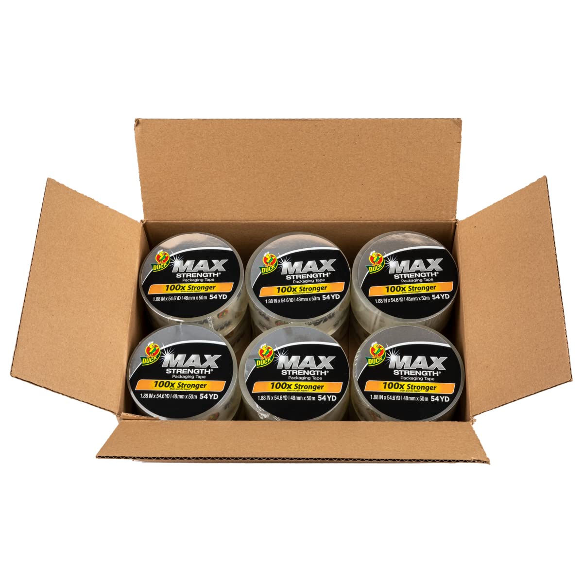 Duck Max Strength Clear Packing Tape Refills - 12 Rolls Heavy Duty Shipping Tape for Boxes, Moving & Storage, 1.88 Inch x 54.6 Yards, Industrial Strength Adhesive (287734) - Perfect for Home Office, Warehouse & E-commerce Packaging