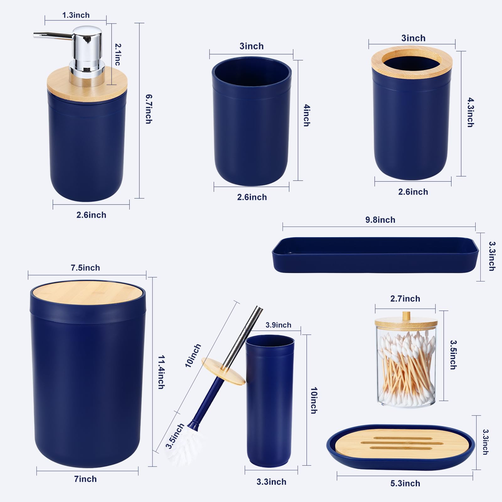 Premium Navy Blue Bathroom Accessories Set - 8-Piece Modern Vanity Decor Kit with Trash Can, Toilet Brush, Toothbrush Holder, Soap Dispenser, Soap Dish, Cup, Tray & Q-Tip Holder for Bathroom Organization & Stylish Home Decor