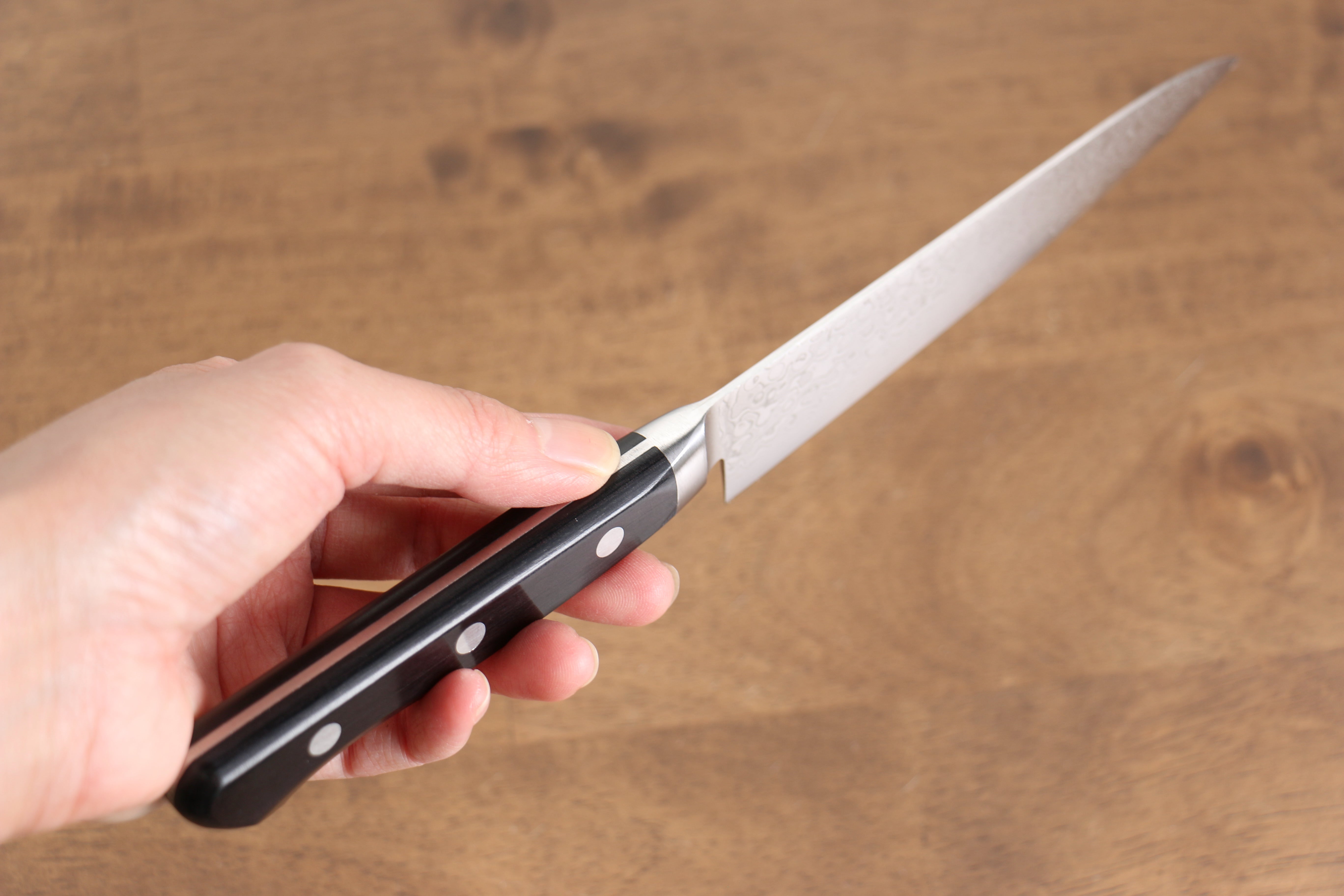 Seisuke Kagami AUS10 Damascus Petty Knife 135mm - 45 Layer Mirrored Finish with Black Pakkawood Handle - Perfect for Precision Slicing, Dicing & Kitchen Tasks