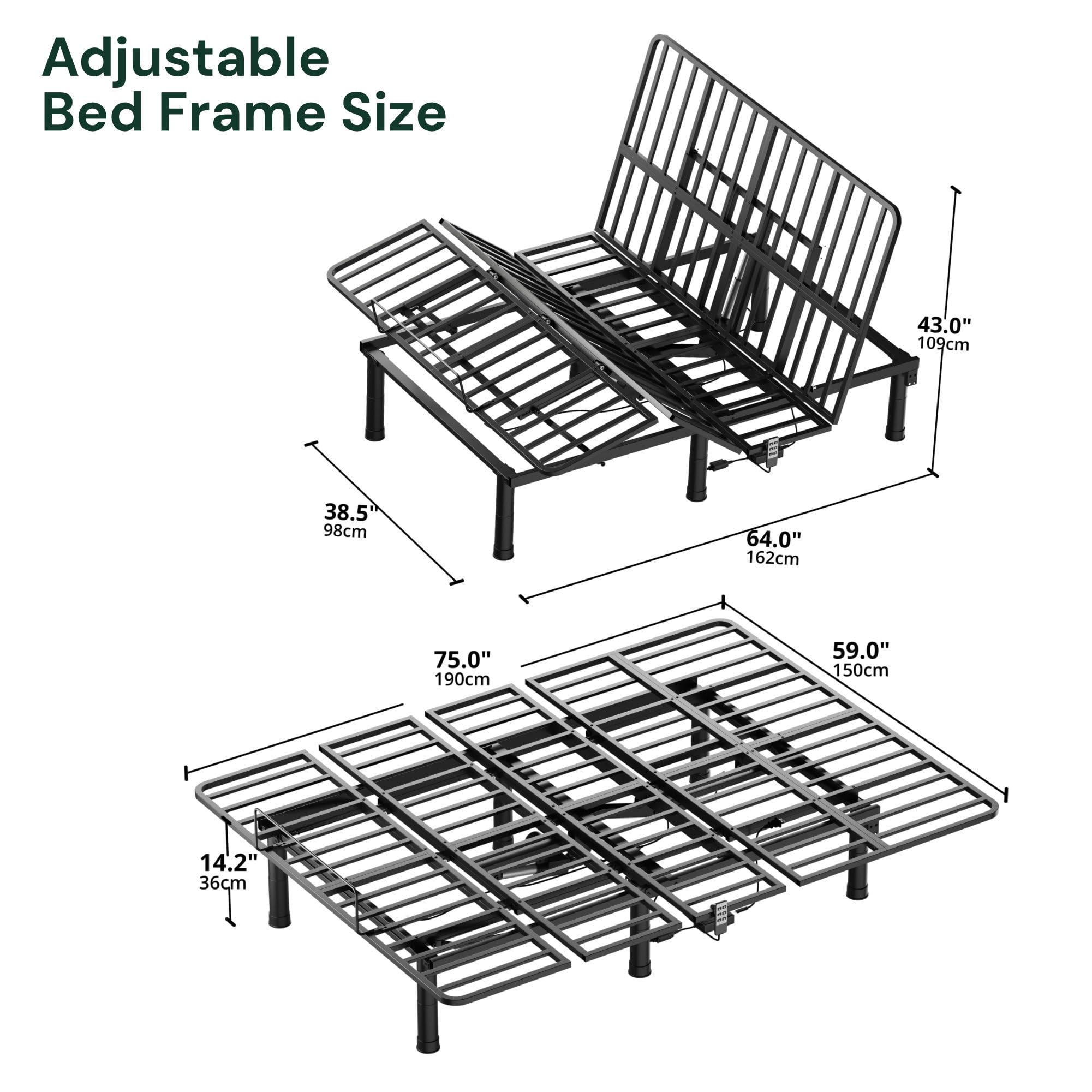 SunsGrove Queen Adjustable Bed Frame with Wired Remote - Electric Base with Independent Head & Foot Incline, 2 Height Options - Easy Assembly for Home, Bedroom, and Healthcare Use