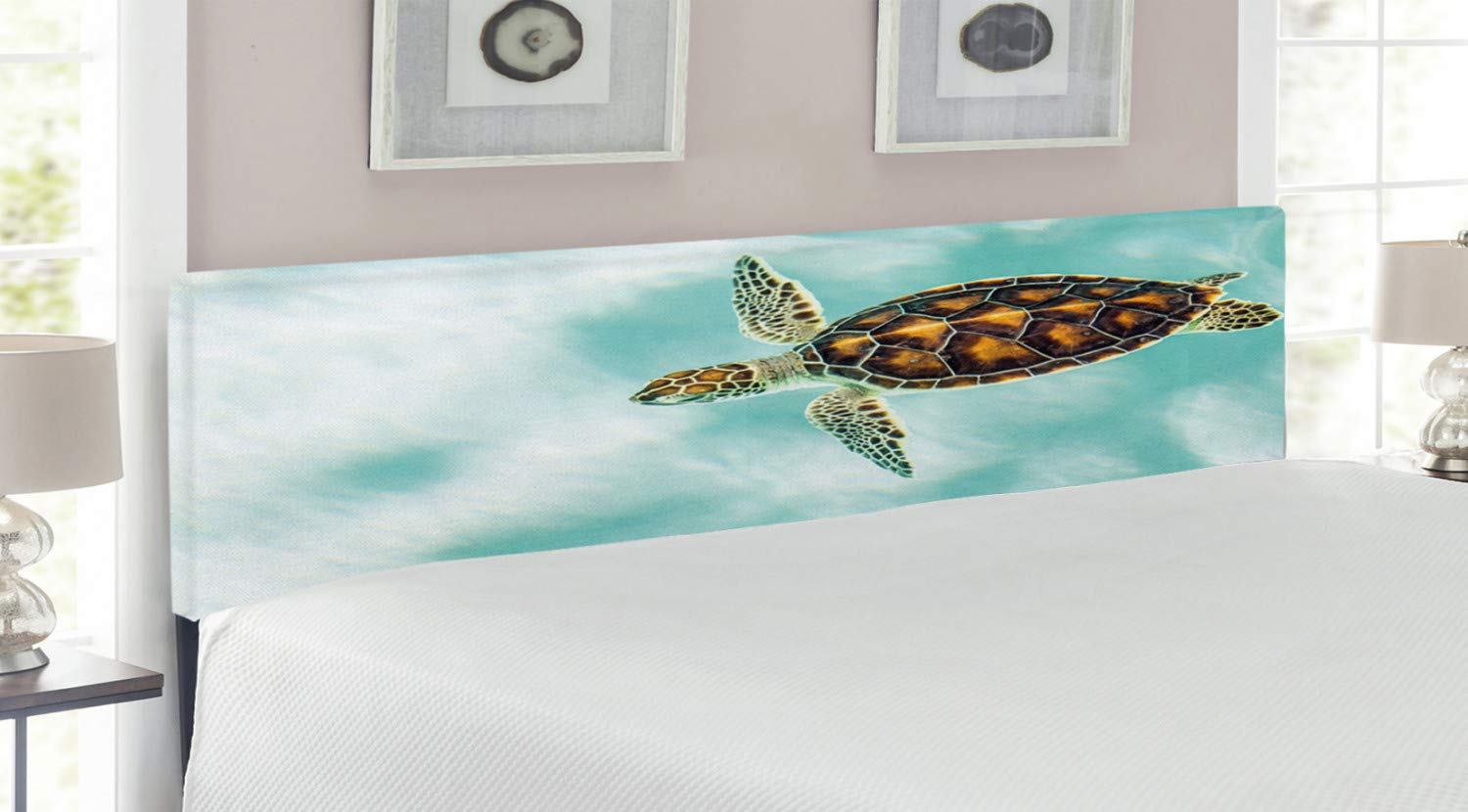 Ambesonne Turtle Headboard - King Size Upholstered Decorative Metal Bed Frame with Memory Foam, Abstract Turtle Swimming in Ocean Design, Pale Coffee Seafoam Color - Perfect for Coastal, Nautical or Nature-Themed Bedrooms