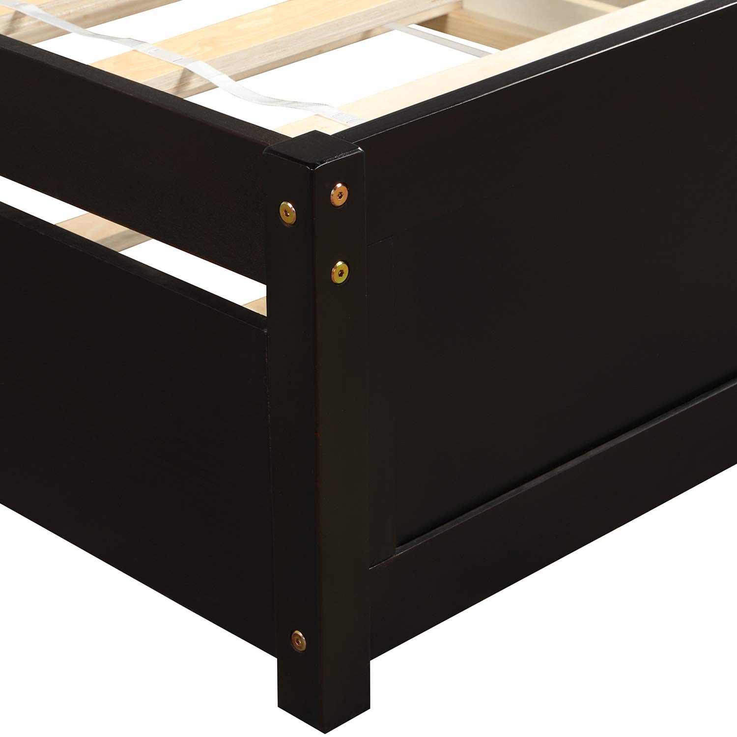 KLMM Twin Size Solid Wood Platform Bed with Trundle, Headboard & Wooden Slat Support - No Box Spring Needed, Easy Assembly (Espresso) - Perfect for Kids Rooms, Guest Rooms & Small Spaces