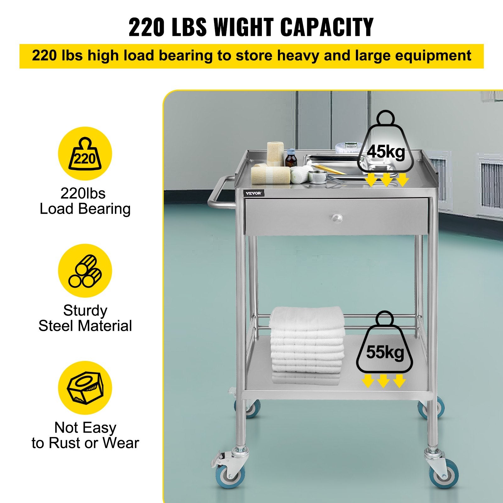 Stainless Steel Medical Cart with Drawer - Mobile Hospital Utility Cart for Nurses & Doctors - Durable Medical Storage Cabinet for Clinics, Hospitals & Home Care Use