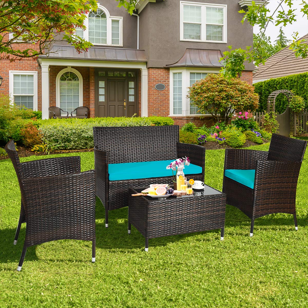 Tangkula 8-Piece Patio Rattan Conversation Set with Tempered Glass Coffee Table & Thick Cushions - Outdoor Wicker Furniture for Garden, Lawn, Poolside, Backyard - Perfect for Relaxing, Entertaining & Outdoor Dining