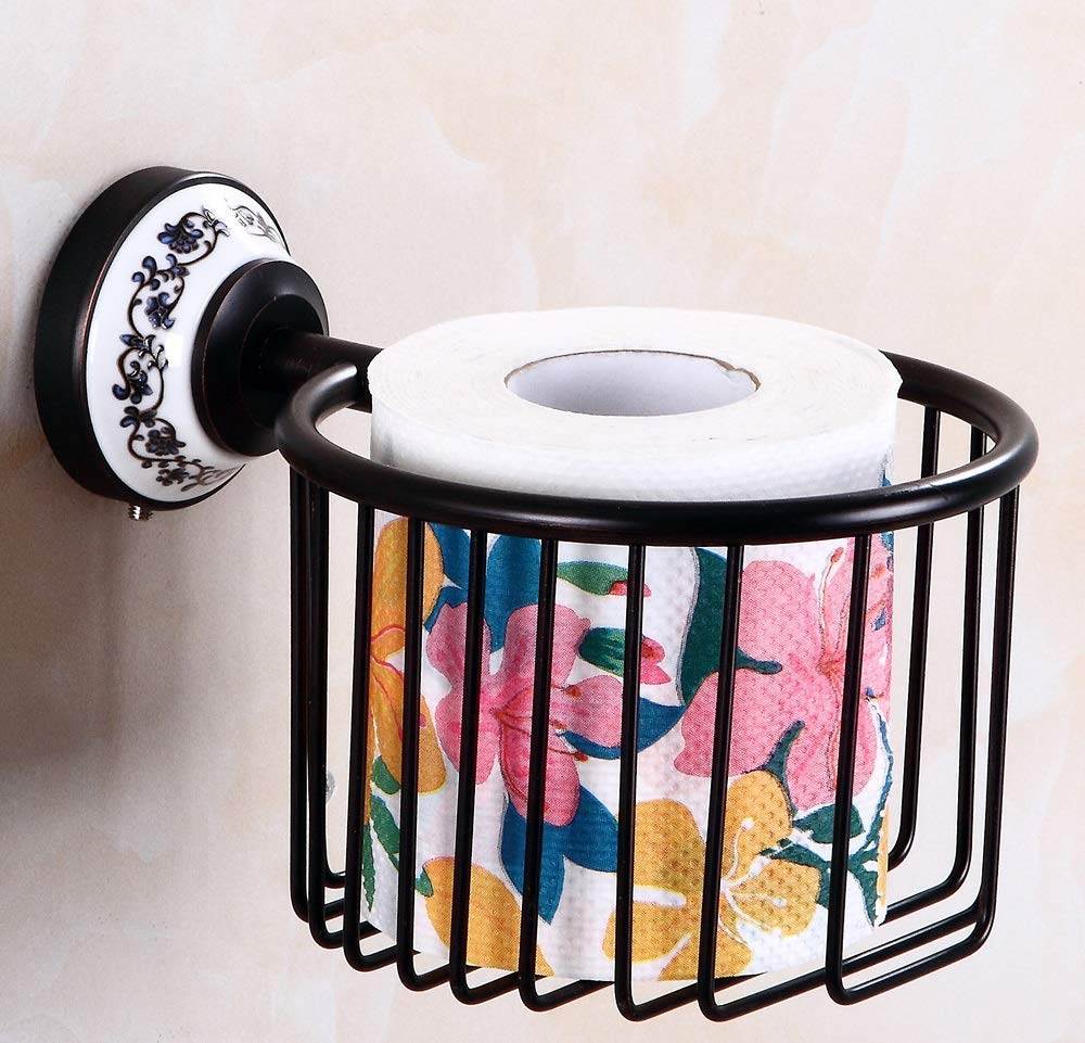 Black Copper Wall Hanging Bathroom Shelf - Toilet Paper Storage Basket for Bathroom Organization