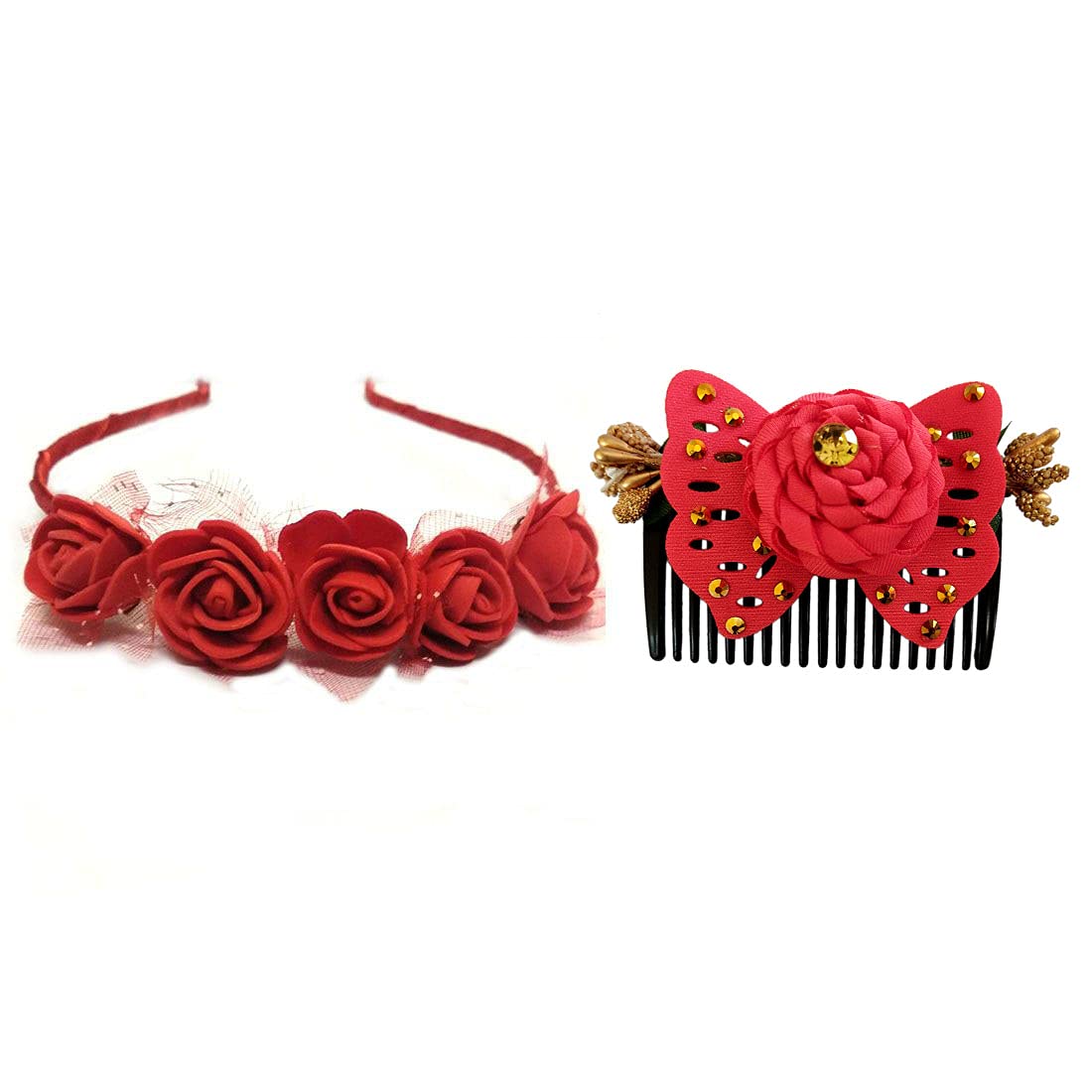 GuruEmbellish Fancy Hair Comb with Gajra - Artificial Rose Flower Hair Band Headpiece (Pack of 2, Red) for Weddings, Parties & Boho Fashion