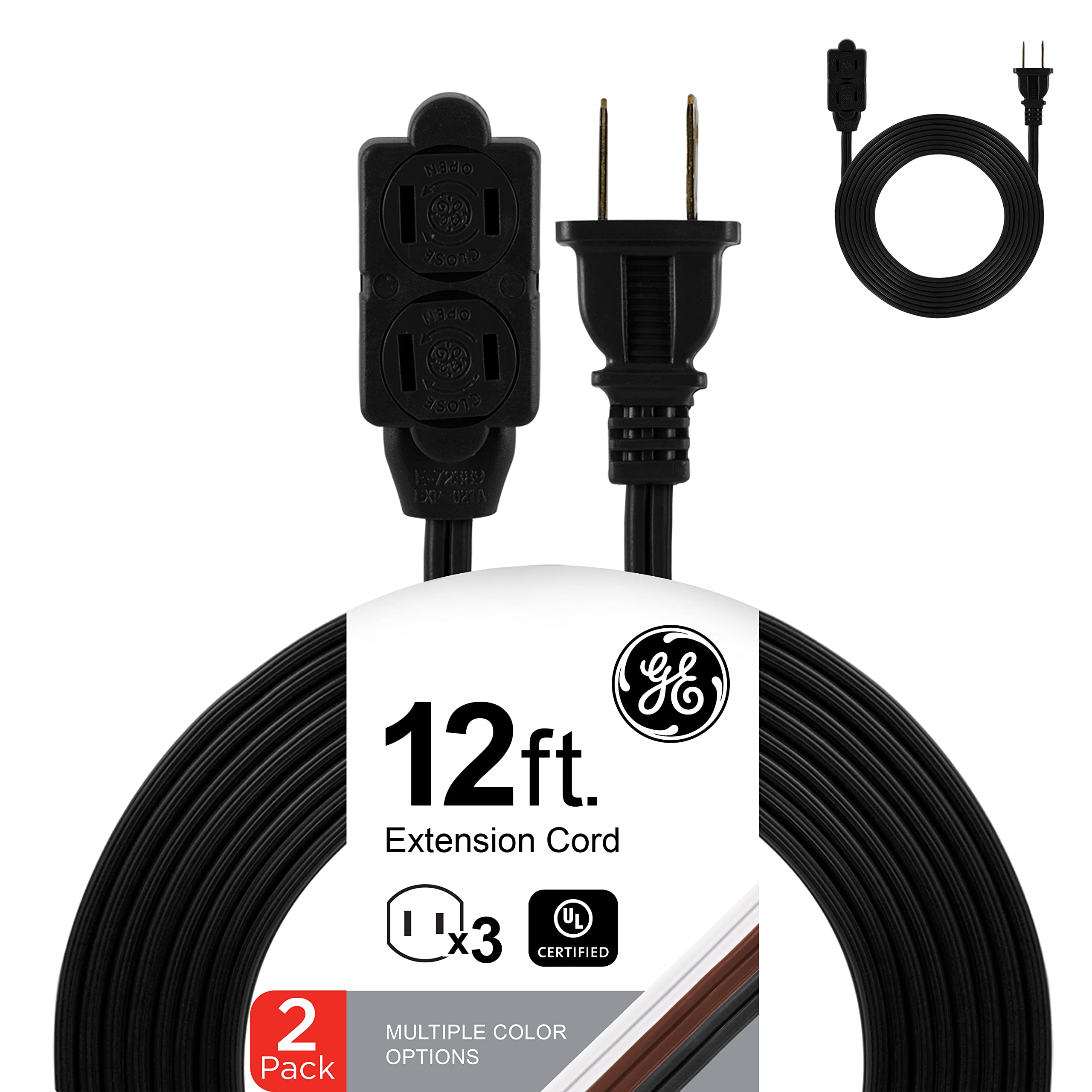 GE 12 Ft 3-Outlet Extension Cord Power Strip - 2 Pack Heavy Duty 16 Gauge Outdoor Extension Cord with Twist-to-Close Safety Covers, UL Listed Black (50420) - Perfect for Home Office, Workshop & Outdoor Use