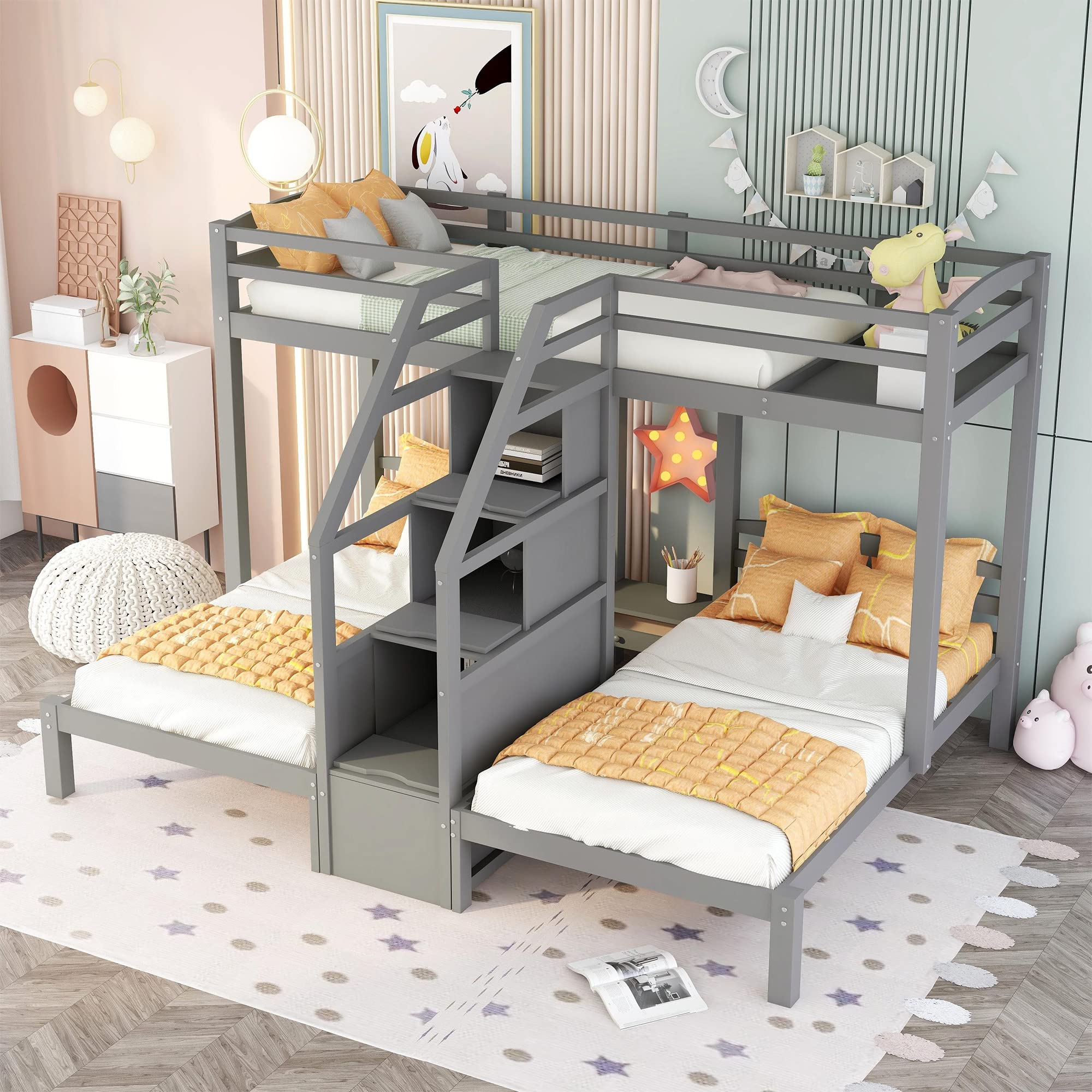 Harper & Bright Designs Triple Bunk Bed with Storage Staircase - Wood Twin Over Twin & Twin Bunk Bed Frame with Drawers & Shelves - 3-in-1 Space Saving Solution for Kids & Teens Bedroom - No Box Spring Needed (Grey) - Perfect for Small Rooms, Shared Kids' Bedrooms & Vacation Homes