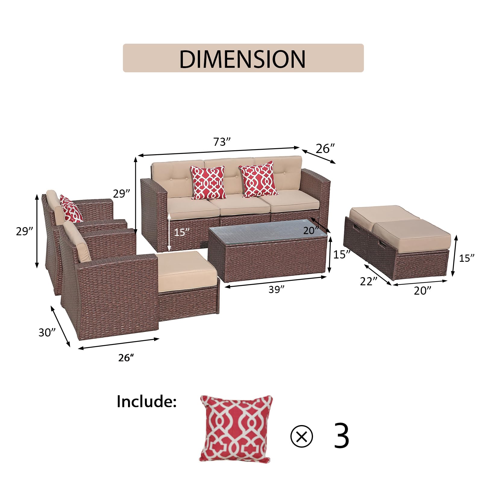 Super Patio 9-Piece All-Weather Outdoor Furniture Set - PE Wicker Sectional Sofa with Ottoman, Tempered Glass Coffee Table & Red Pillows (Espresso Brown) - Perfect for Backyard, Garden, Poolside or Patio Relaxation