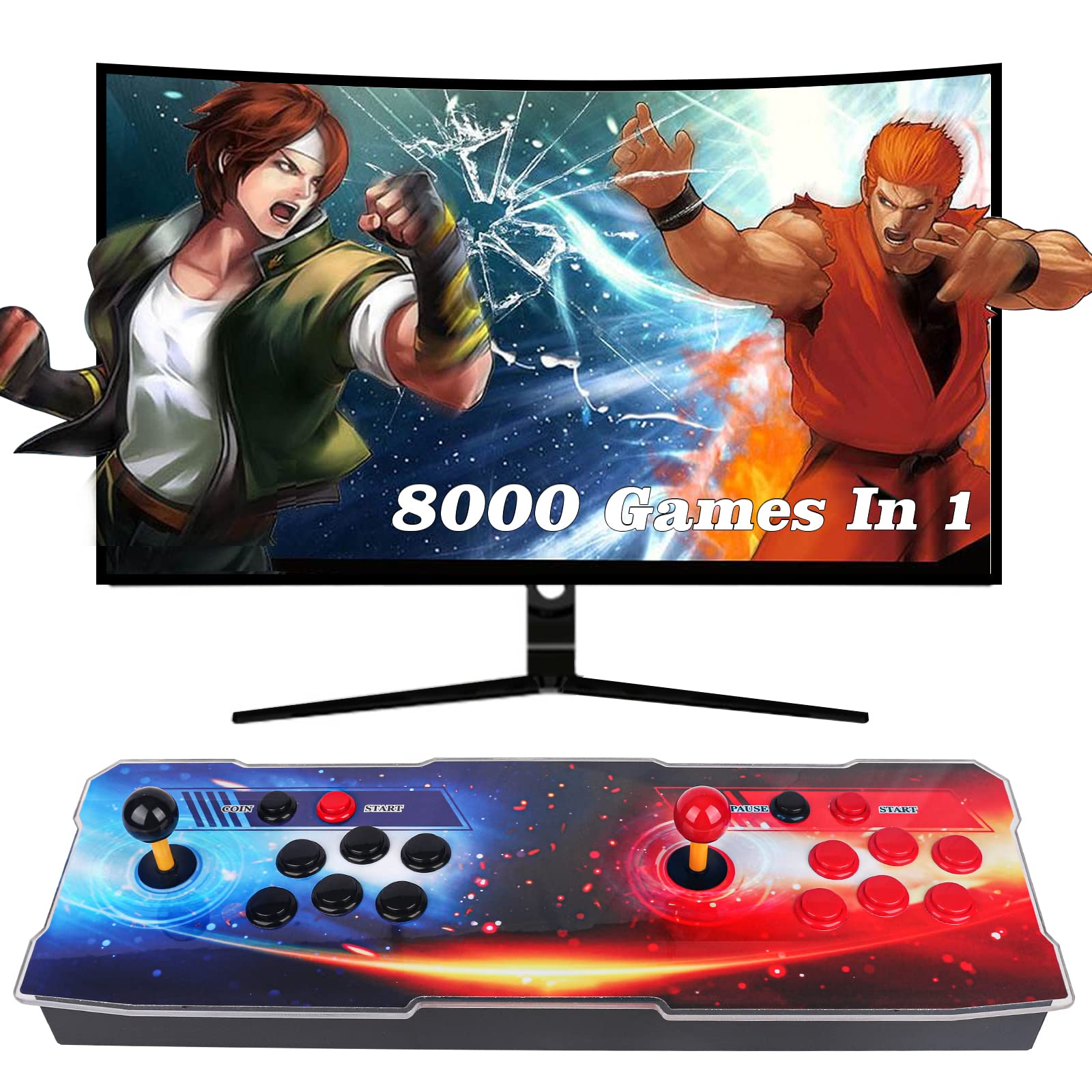 8000-in-1 3D Pandora's Games Arcade Machine - Supports 3D Games, 1280x720 HD, Search/Save/Hide/Pause Features, 4-Player Online Gaming (Blue & Red) - Perfect for Family Game Nights & Arcade Enthusiasts