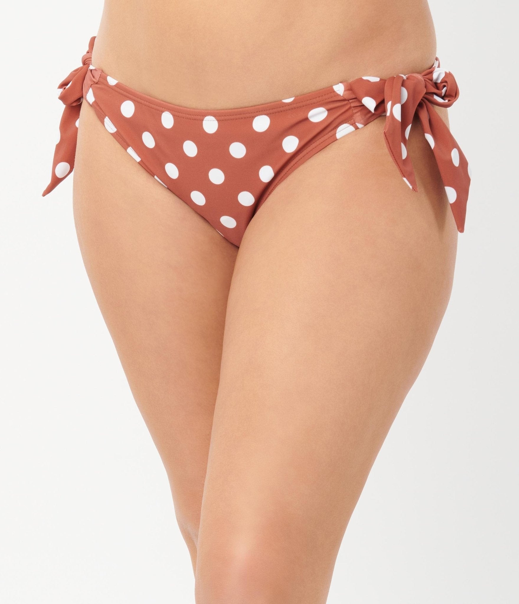 Vintage 1970s Rust & White Polka Dot High Waisted Swim Bottoms - Retro Beachwear for Women, Perfect for Pool Parties & Summer Vacations