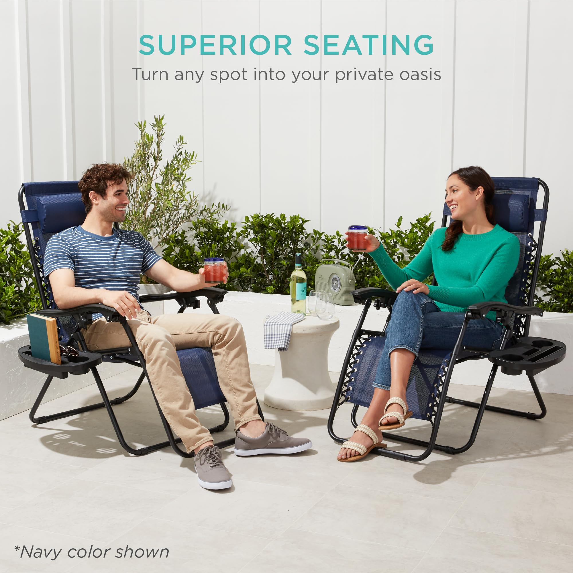 Best Choice Products Set of 2 Adjustable Steel Mesh Zero Gravity Lounge Chair Recliners with Pillows and Cup Holder Trays - Cobalt Blue | Patio, Poolside, Backyard Relaxation Outdoor Furniture