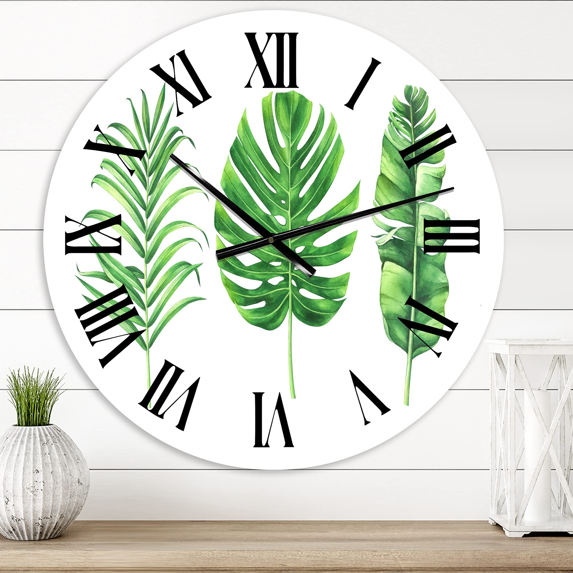 Farmhouse Wall Clock with Tropical Monstera Leaf Design - Large Floral Botanical Wall Clock for Bedroom, Living Room, Kitchen & Home Decor - Perfect for Rustic, Modern & Farmhouse Style Interiors
