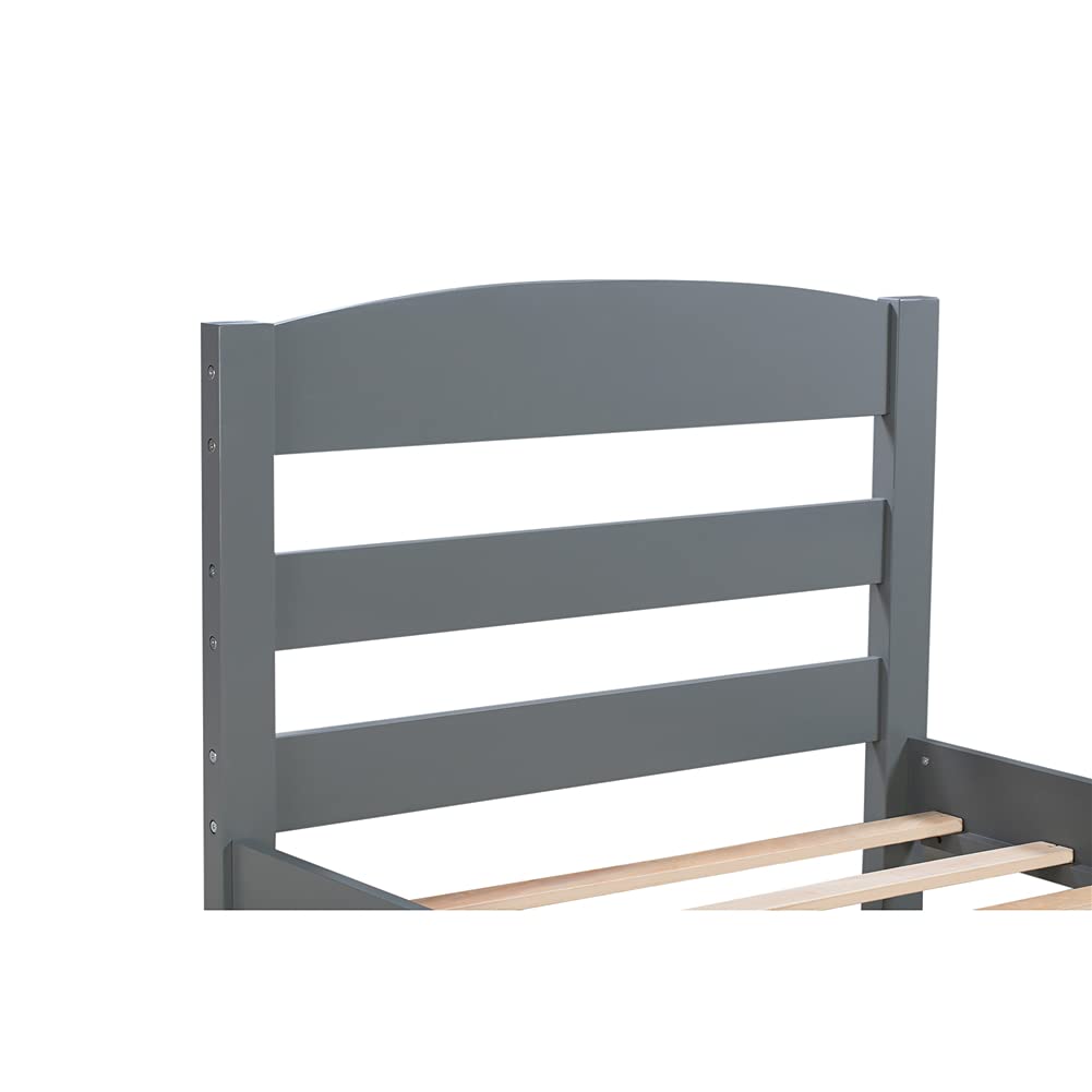 Twin Size Platform Bed Frame with Storage Drawers - Solid Pinewood Bed with Wide Plank Curved Headboard, Under Bed Storage Space - Perfect for Small Bedrooms, Guest Rooms & Studio Apartments (Gray)